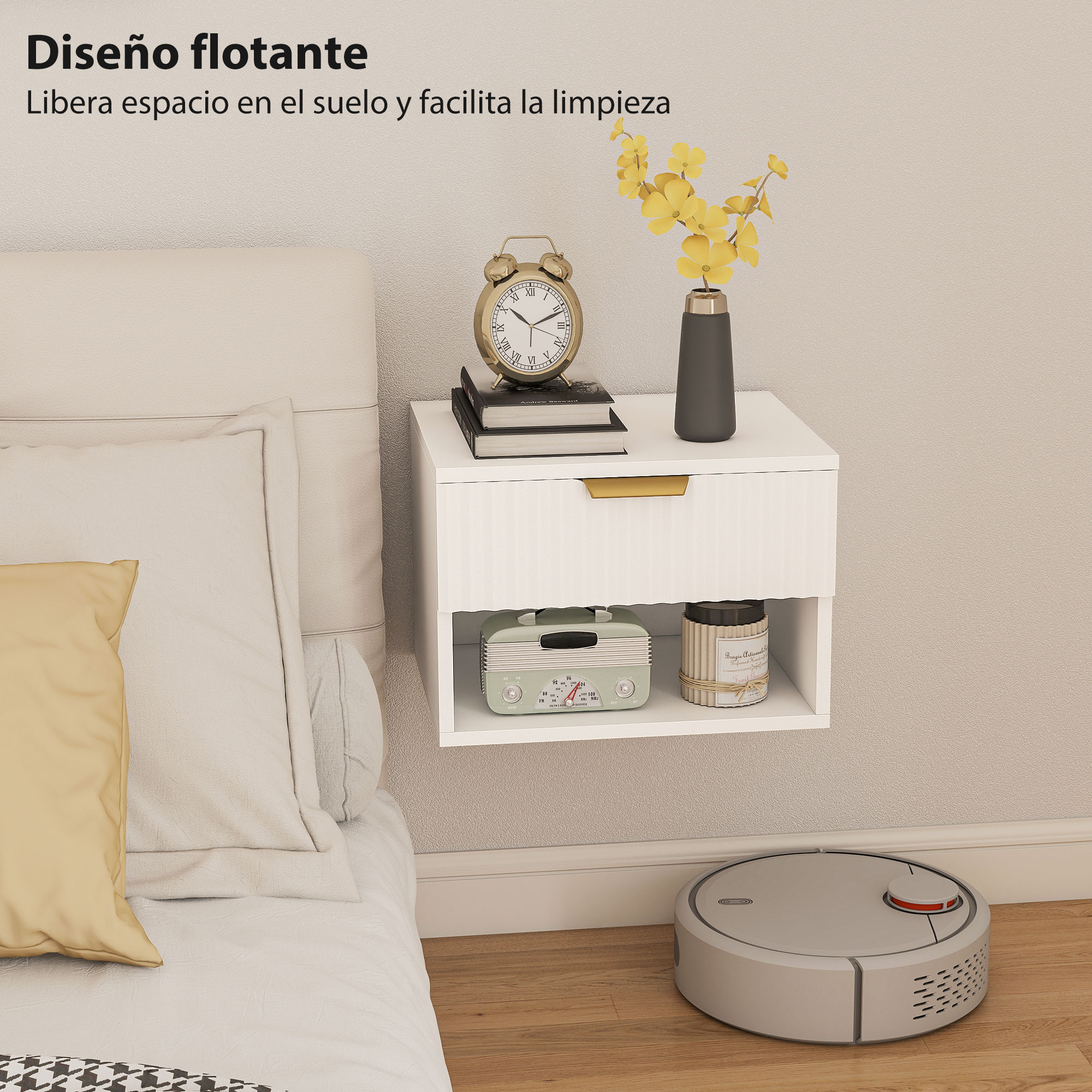 Una mesita de noche flotante con reloj, jarrón, radio y robot aspirador en el suelo.