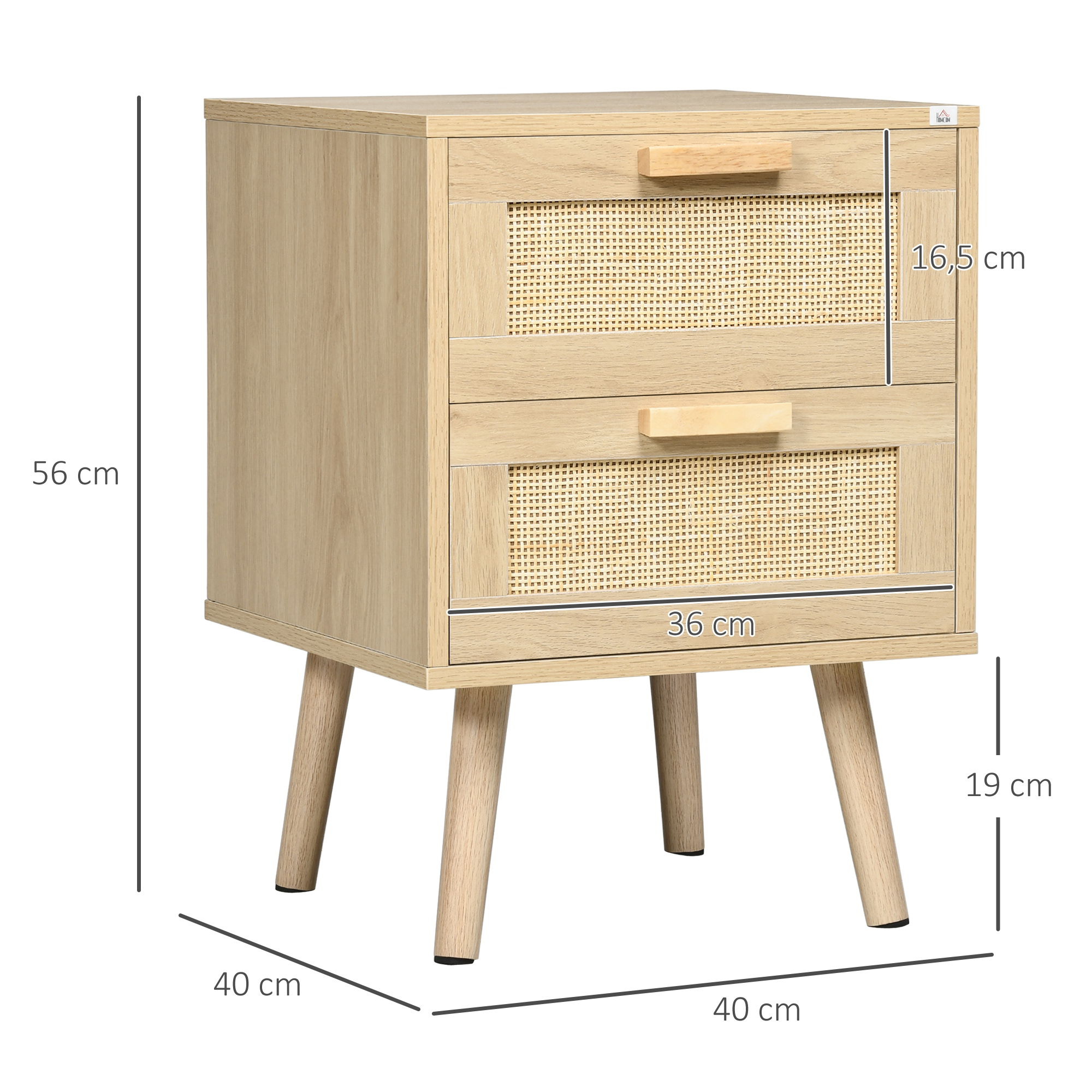 Mesita de noche de madera con dos cajones y frentes de ratán, medidas mostradas.