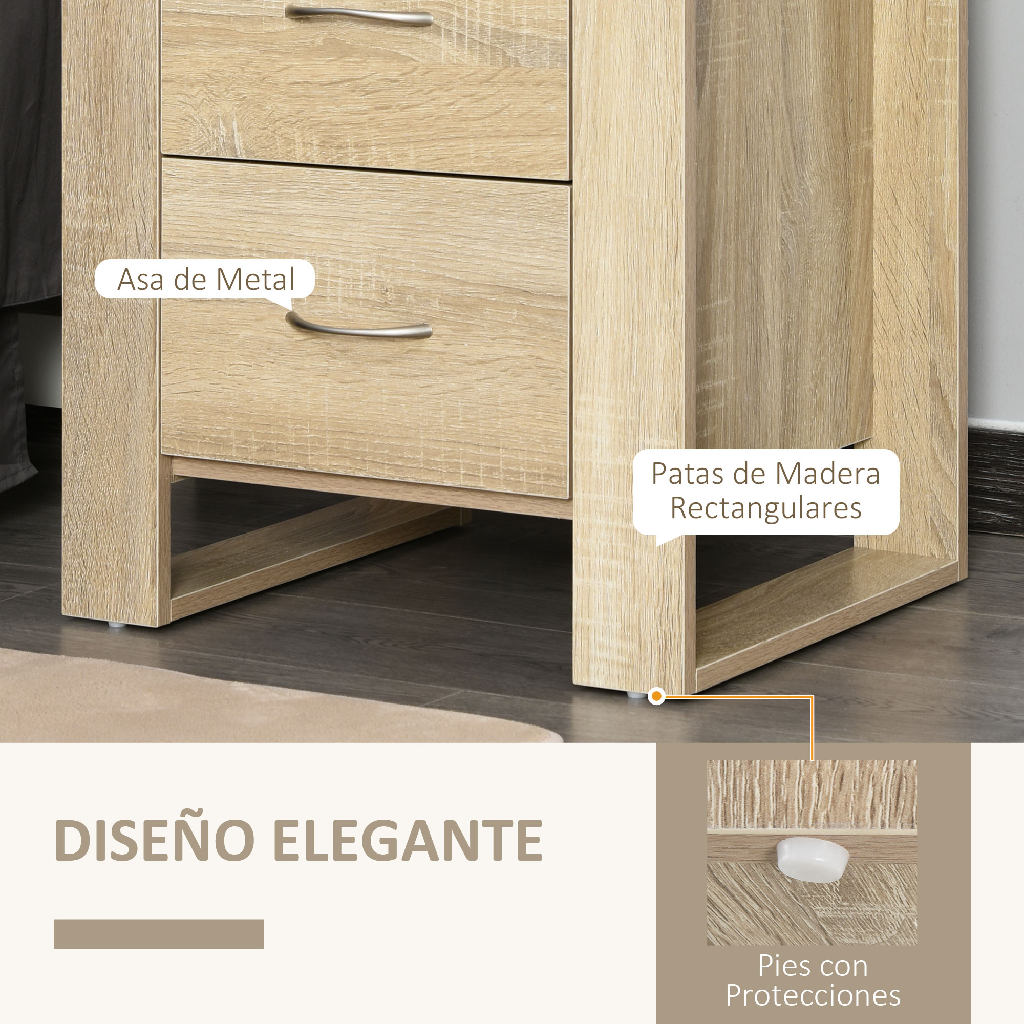 Cómoda de madera con tres cajones y tiradores metálicos. Patas de madera rect.