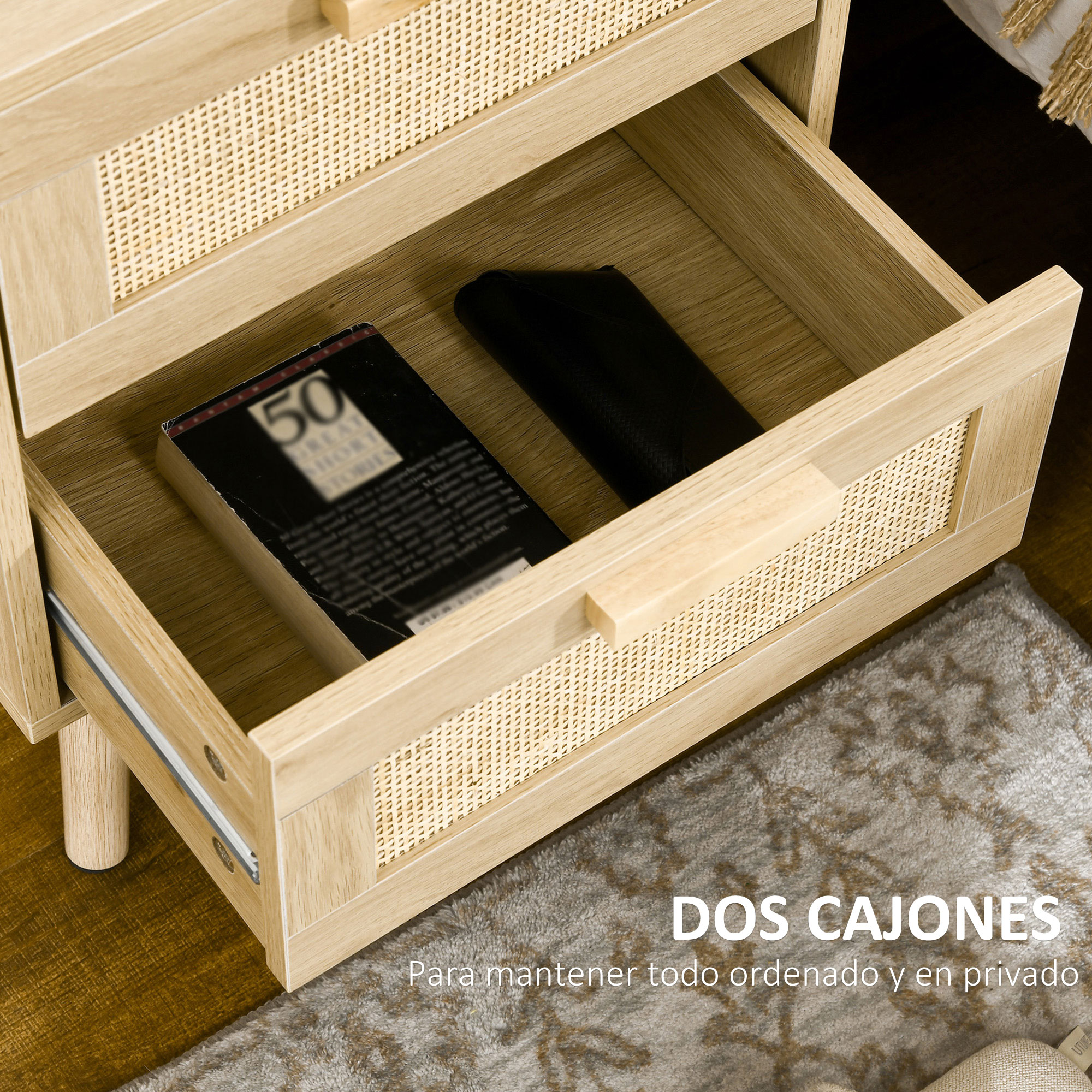 Un mesita de noche de madera clara abierta con libro y cartera.