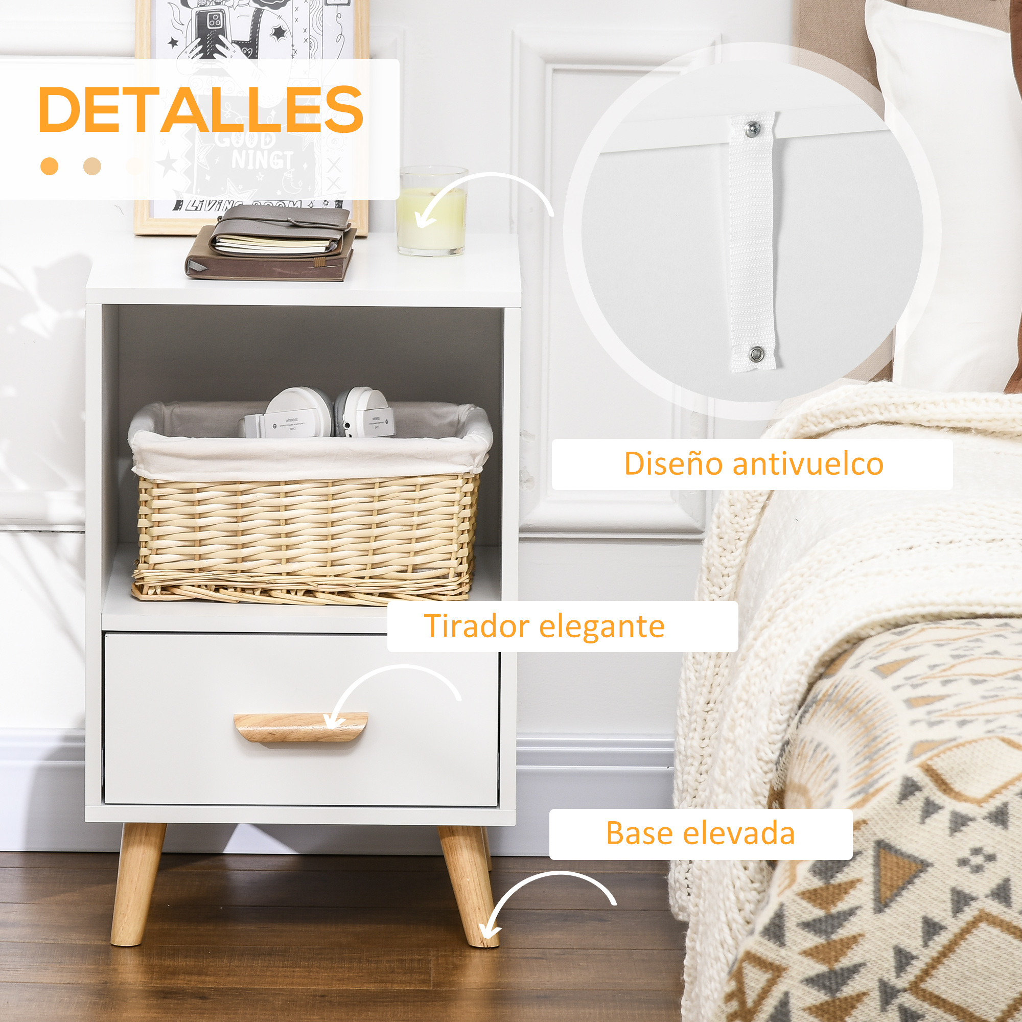 Mesita de noche blanca con cajón de madera, cesta y vela. Diseño antivuelco.