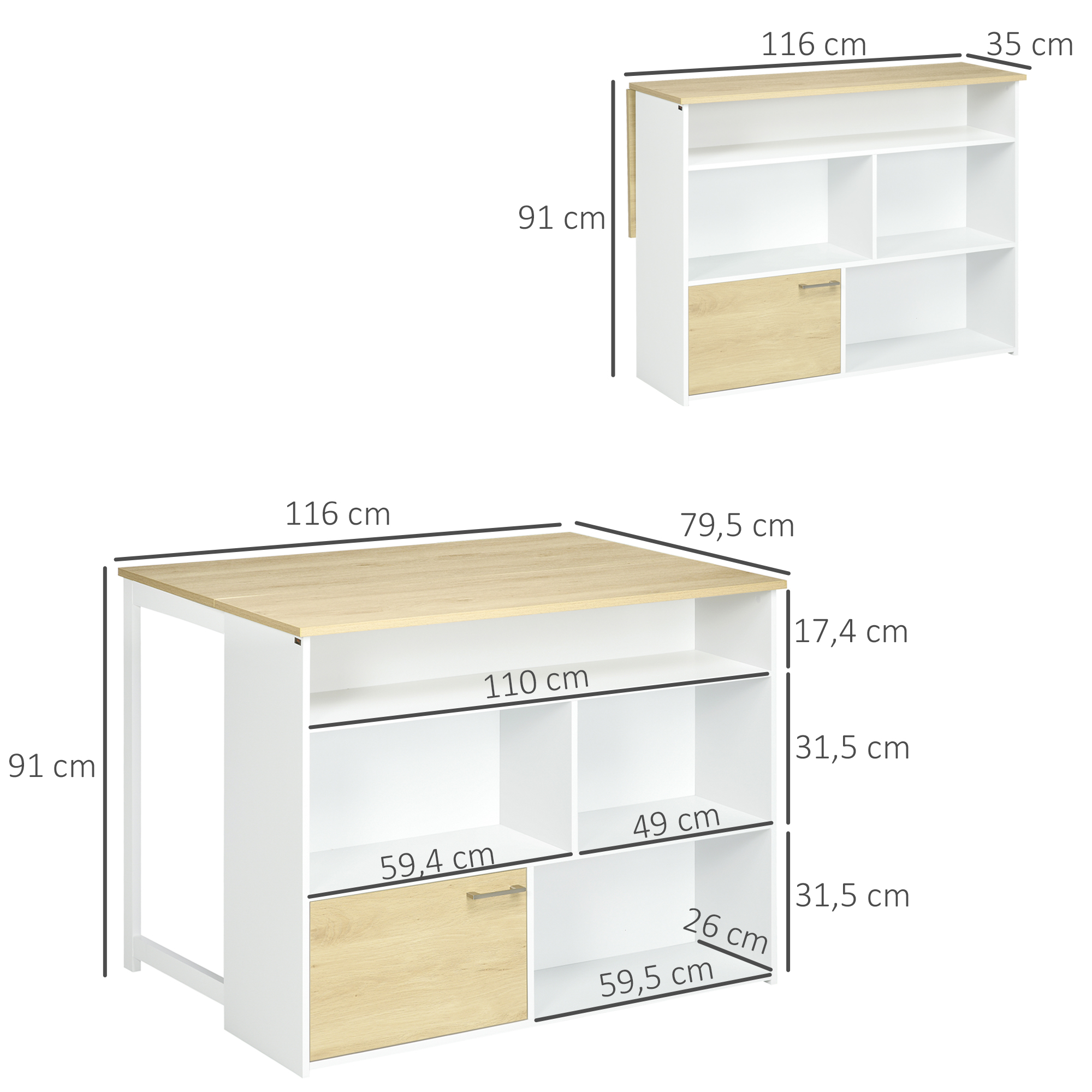 Un estante blanco con detalles de madera y dimensiones.