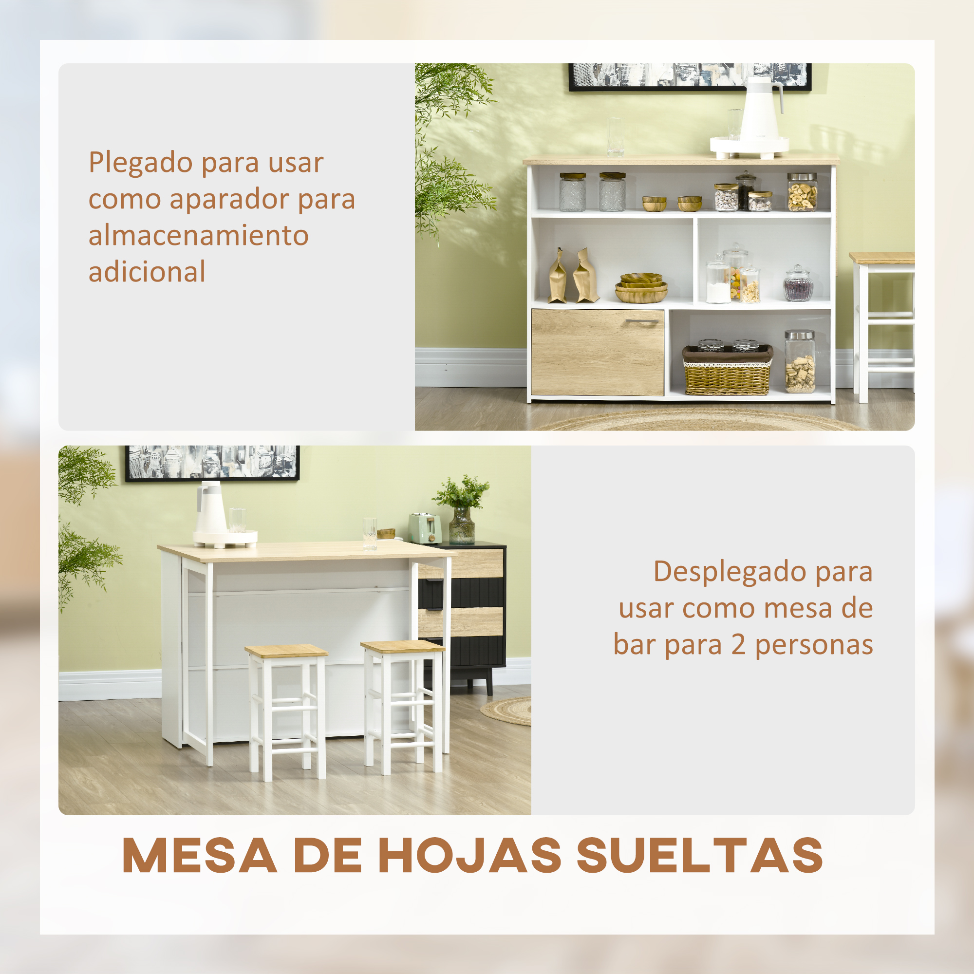 Mesa extensible: Plegada como aparador, desplegada como mesa de bar para 2.