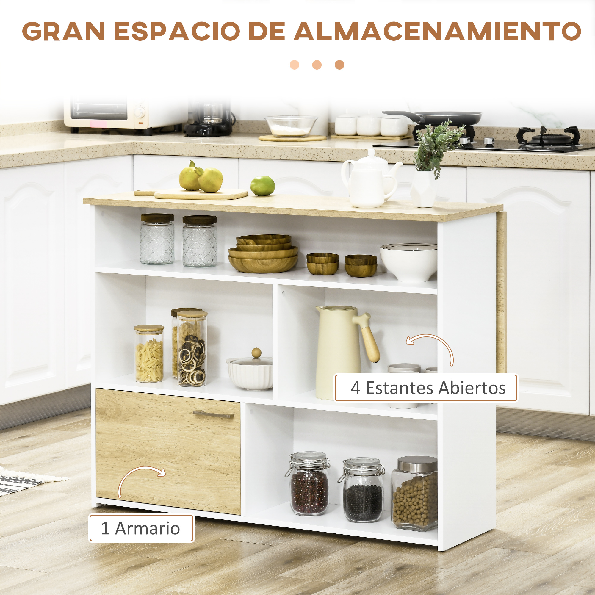 Un mueble de cocina blanco con estantes abiertos y un cajón de madera.