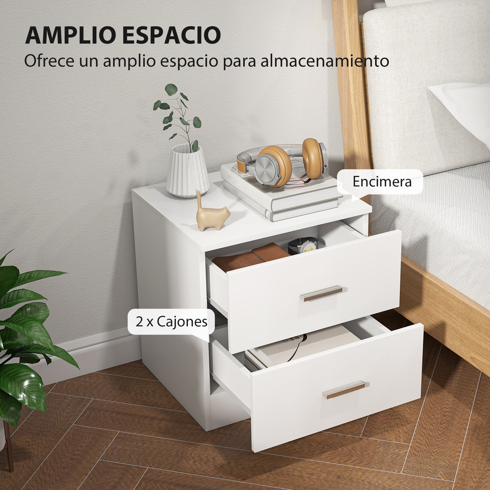 Mesita de noche blanca con dos cajones, audífonos y libros.