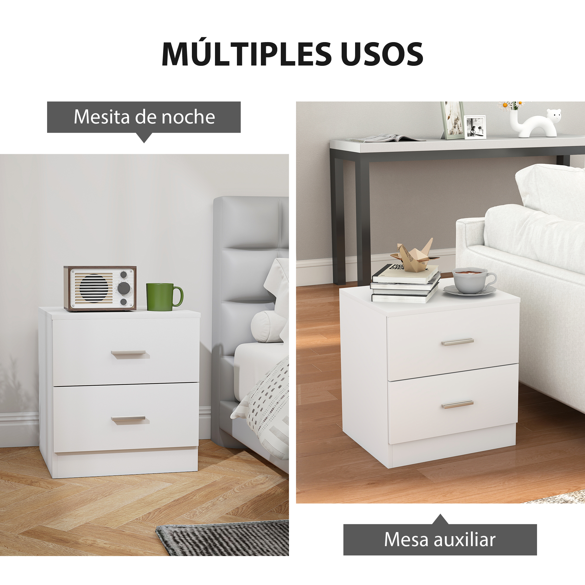 Una mesita de noche blanca de dos cajones junto a una cama. Al lado hay una mesa auxiliar.