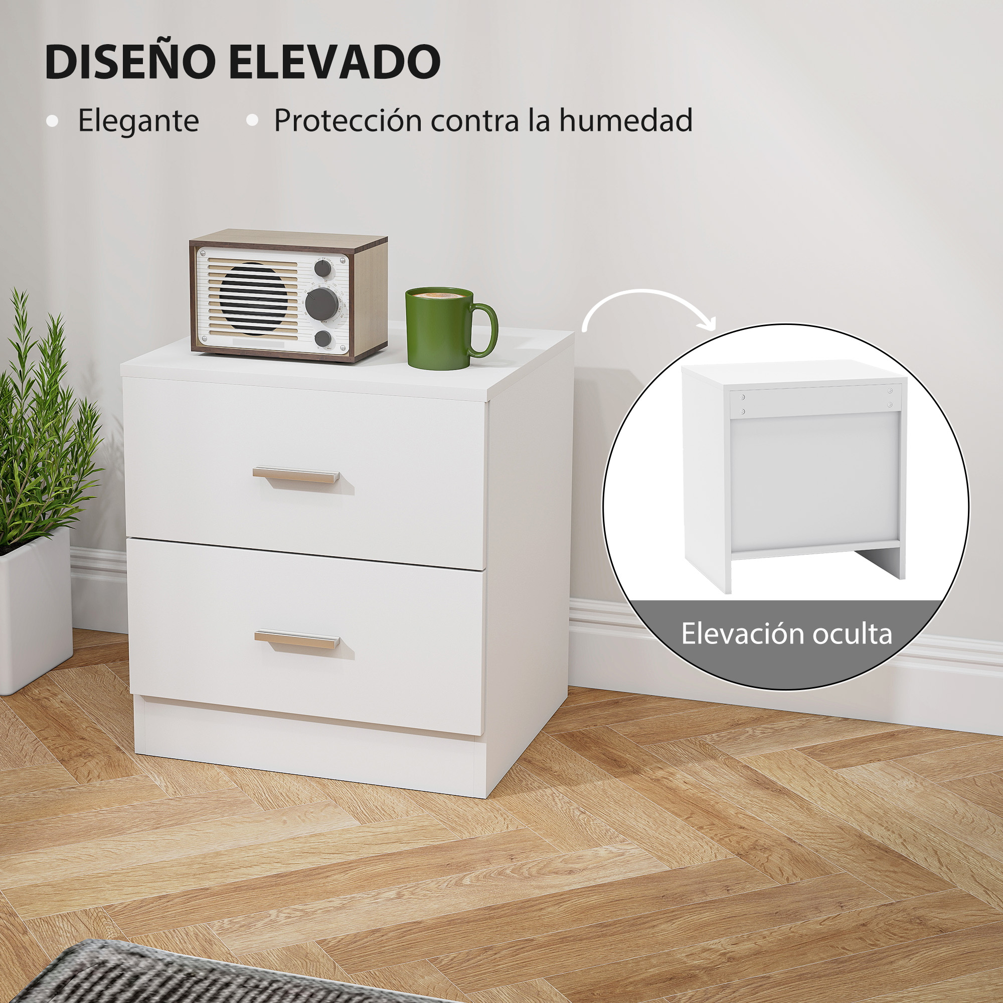 Mesita de noche blanca de dos cajones con radio y taza verde encima. Diseño elevado.