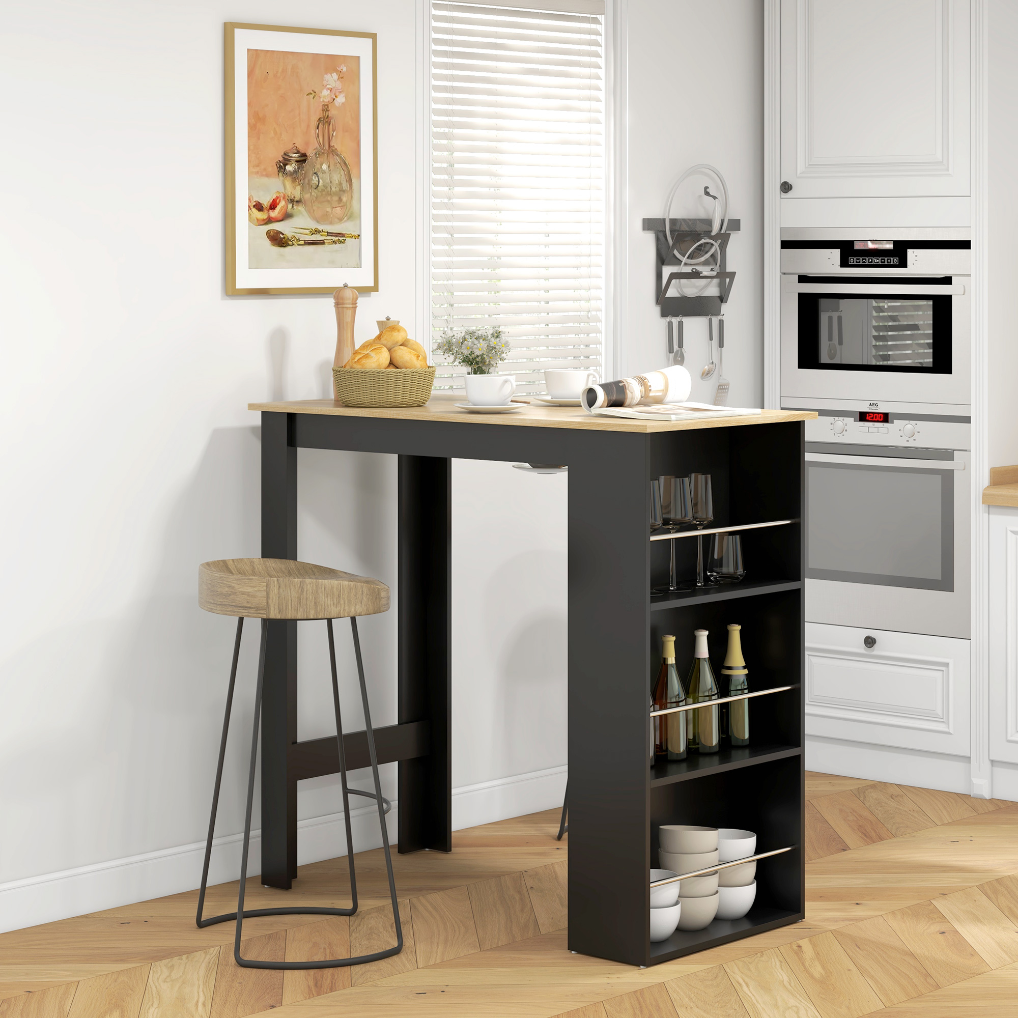 Cocina moderna con mesa de bar, taburete, horno y cuadro.