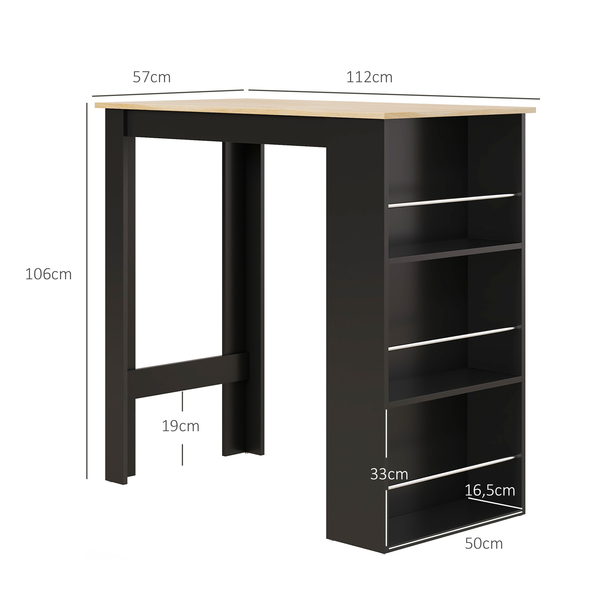 Una mesa de bar negra con tapa de madera, estantes y medidas.