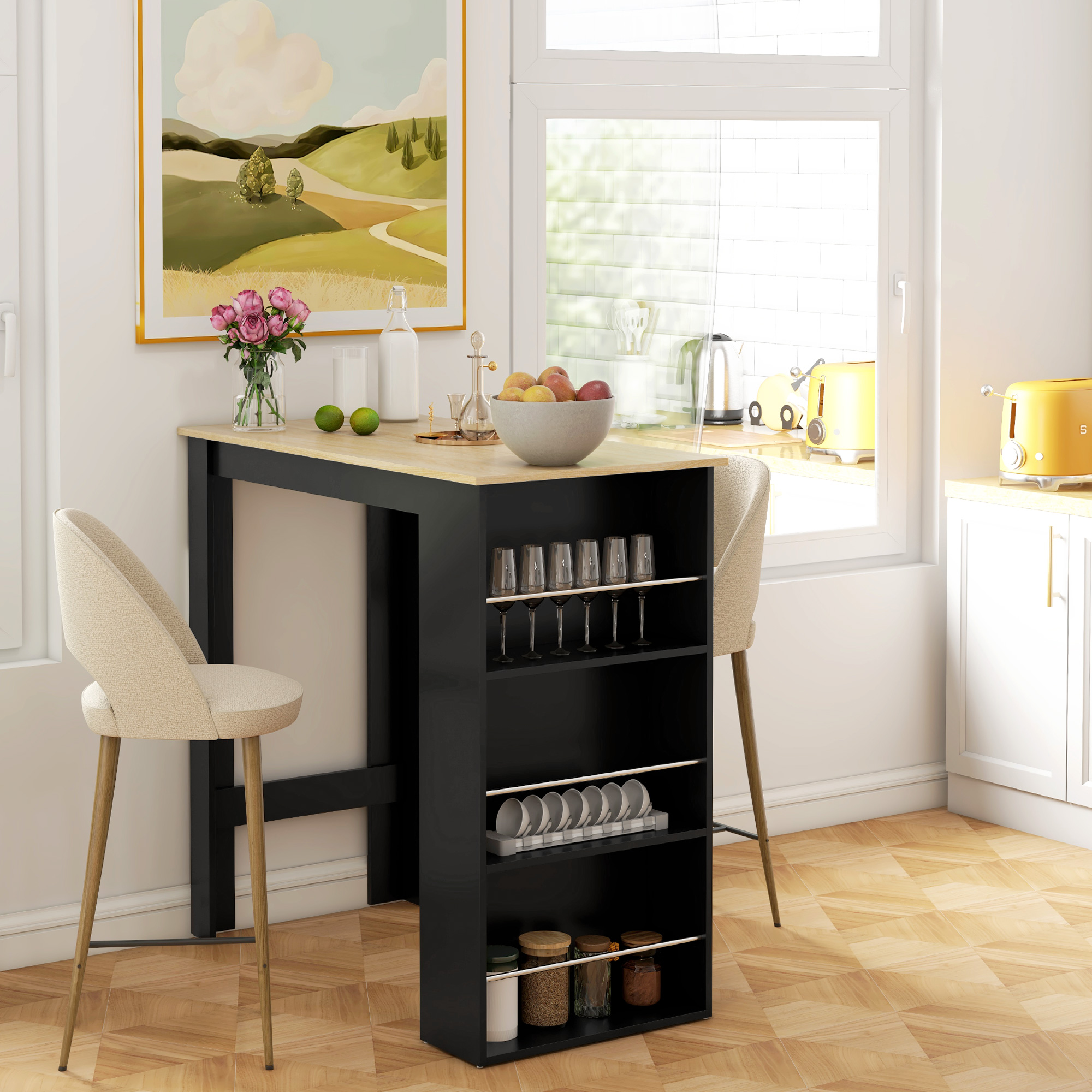 Isla de cocina con taburetes, frutero, vasos y teteras visibles.