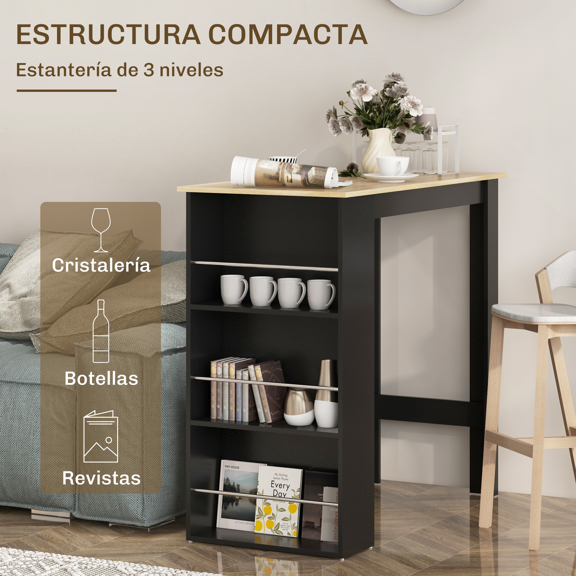 Un estante negro con tapa de madera, con un jarrón de flores y tazas.