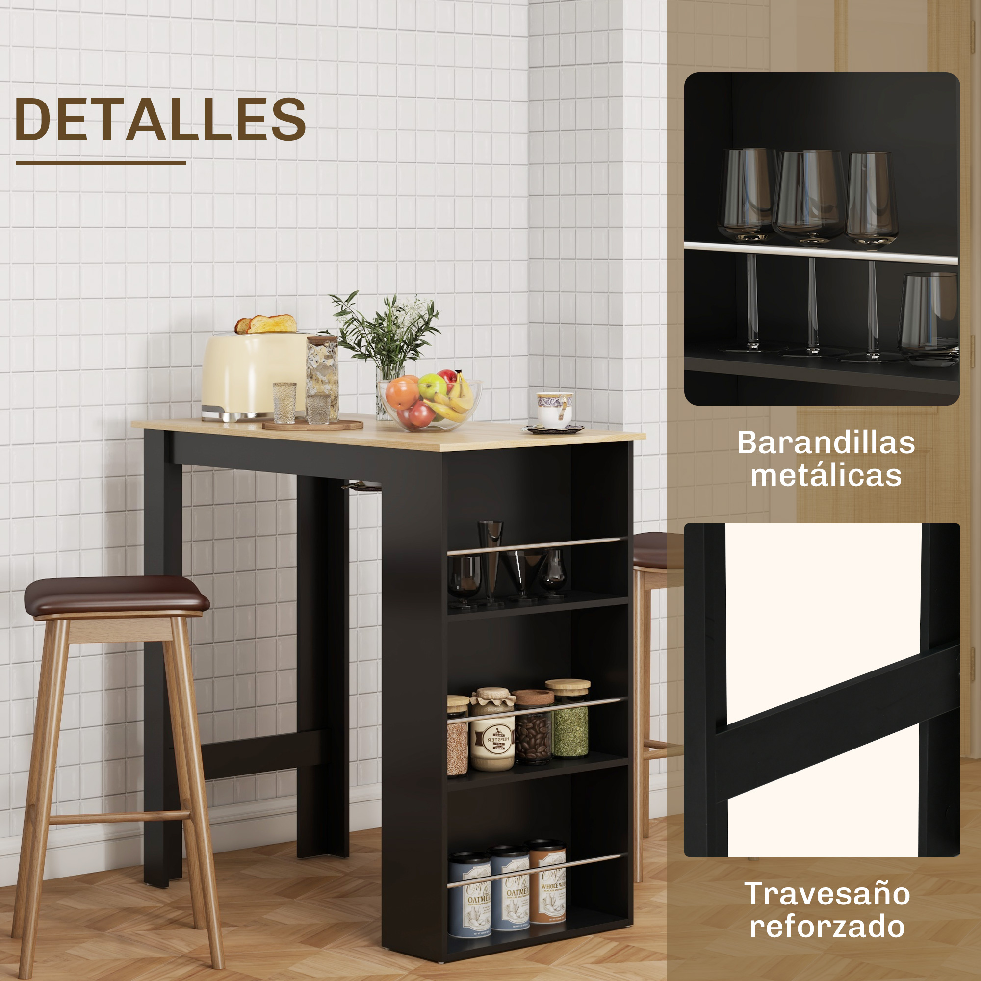 Una barra de bar clara con tapa de madera, estantes negros, vasos, tostada y fruta.