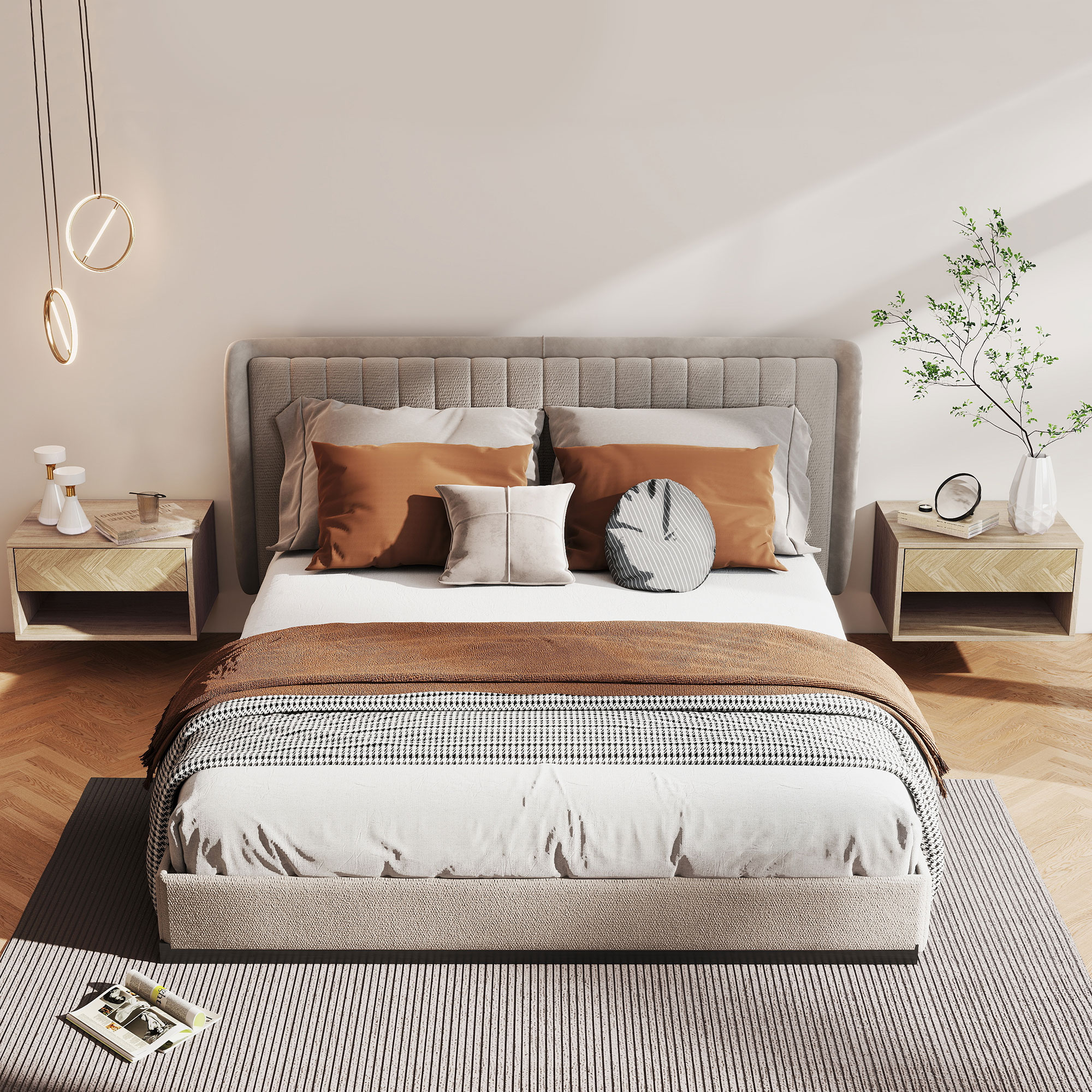 Un dormitorio moderno con cama, mesitas de noche, lámpara y planta.
