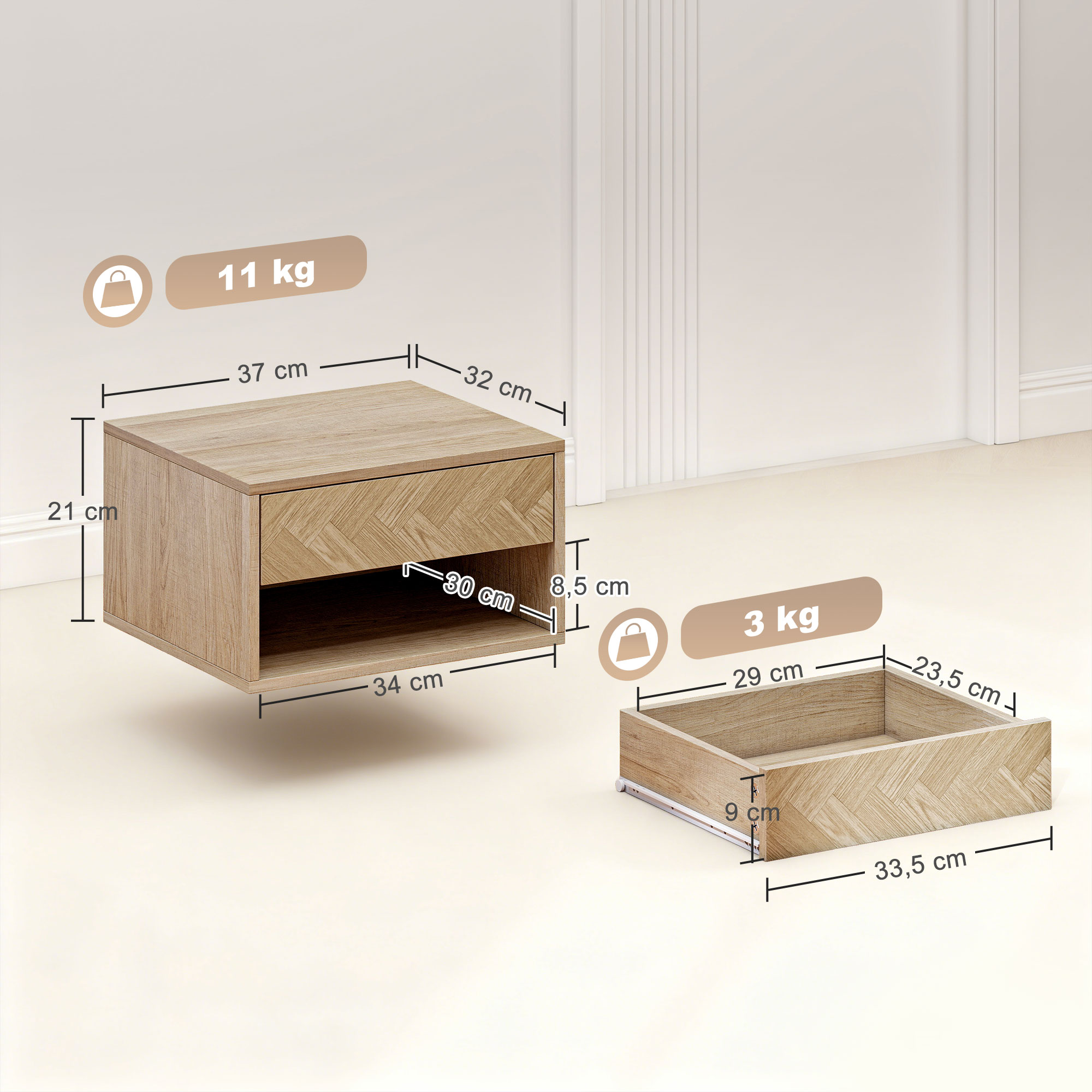 Una mesita de noche flotante de madera con cajón y estante, con medidas.
