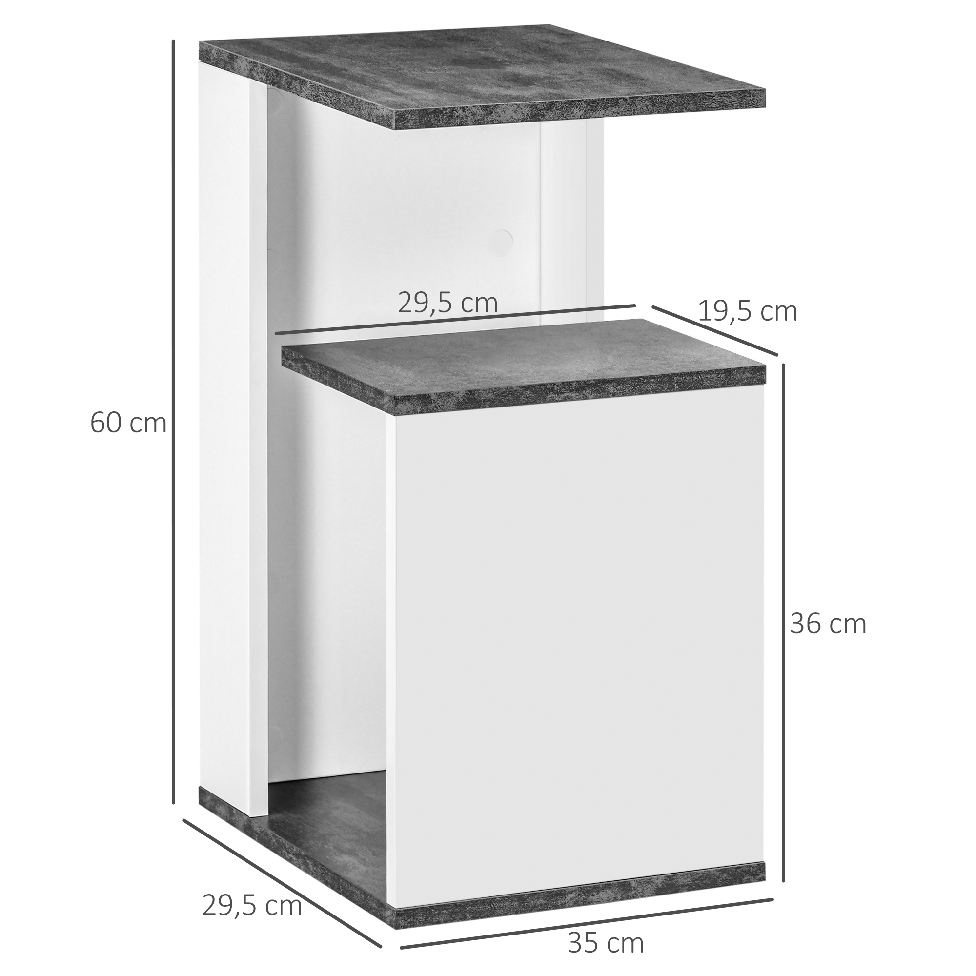 Una mesa auxiliar blanca con superficies grises y dimensiones.
