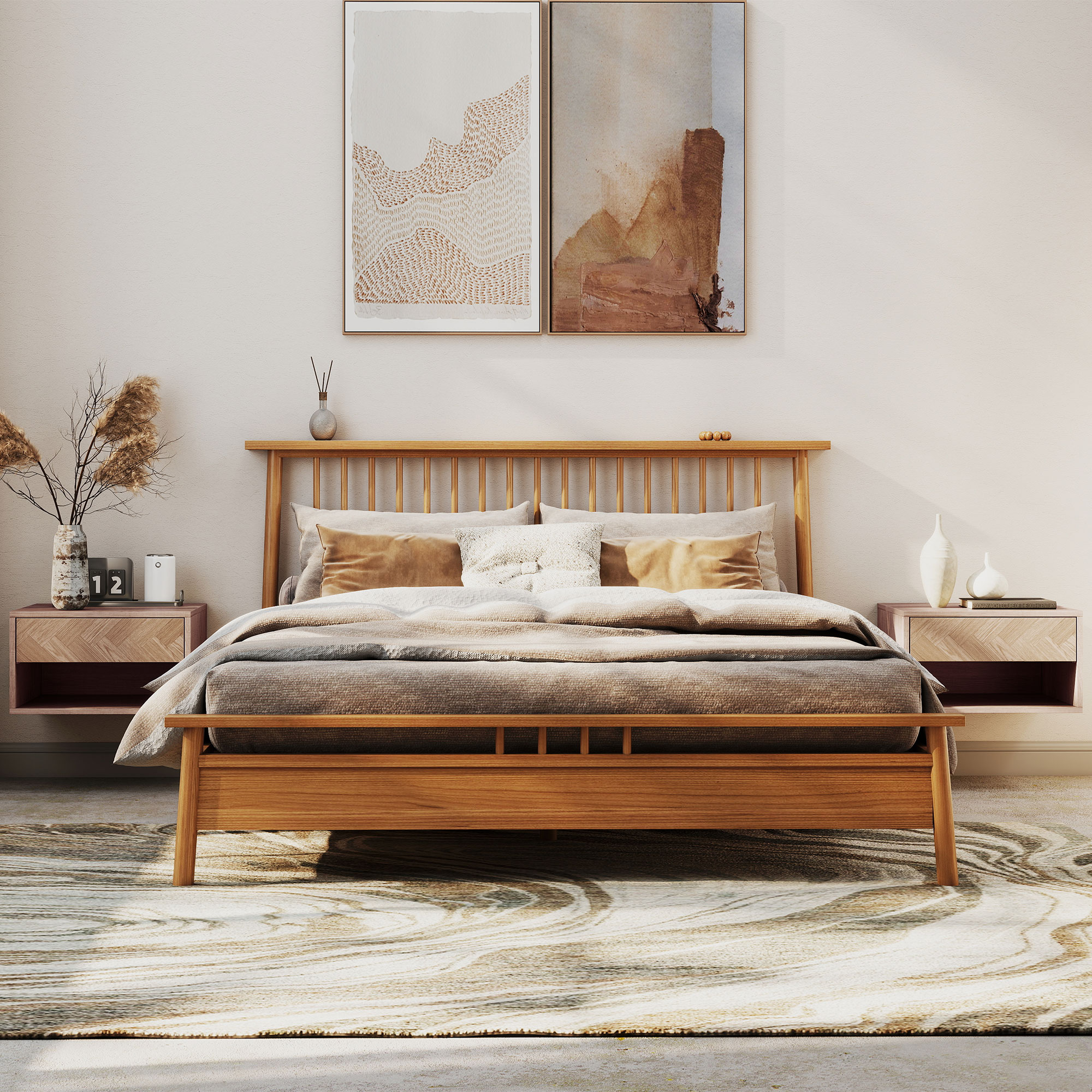 Una cama de madera con cojines y mantas en un dormitorio con dos cuadros en la pared.