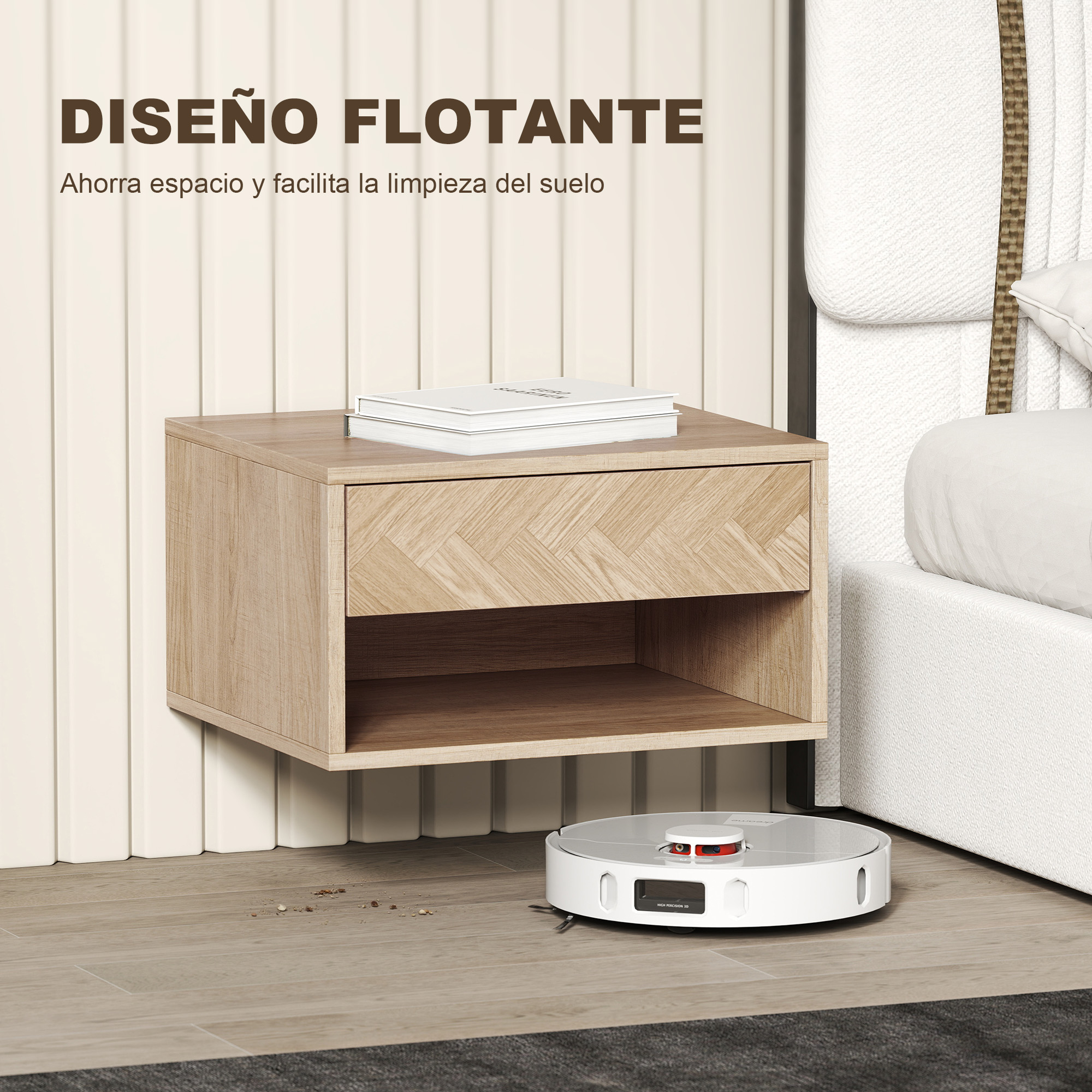 Una mesita de noche flotante sobre un robot aspirador en suelo de madera.