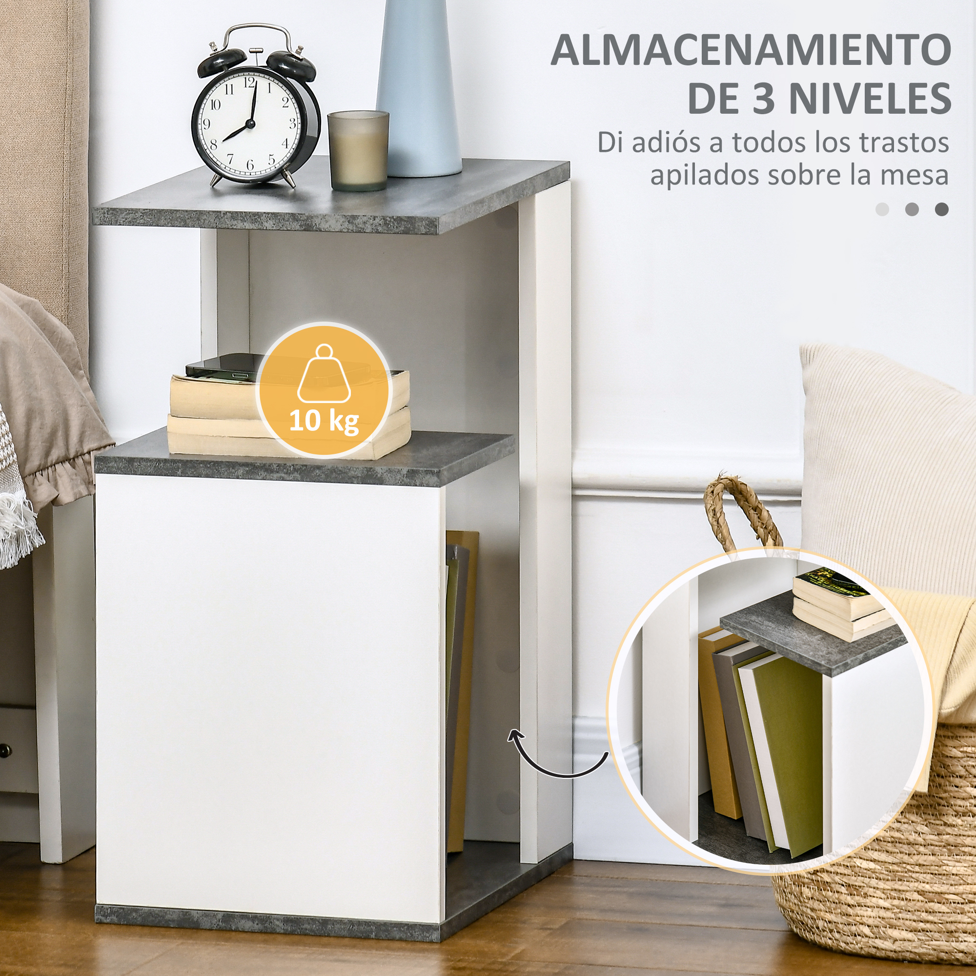 Mesita de noche de tres niveles con despertador, vela y libros.
