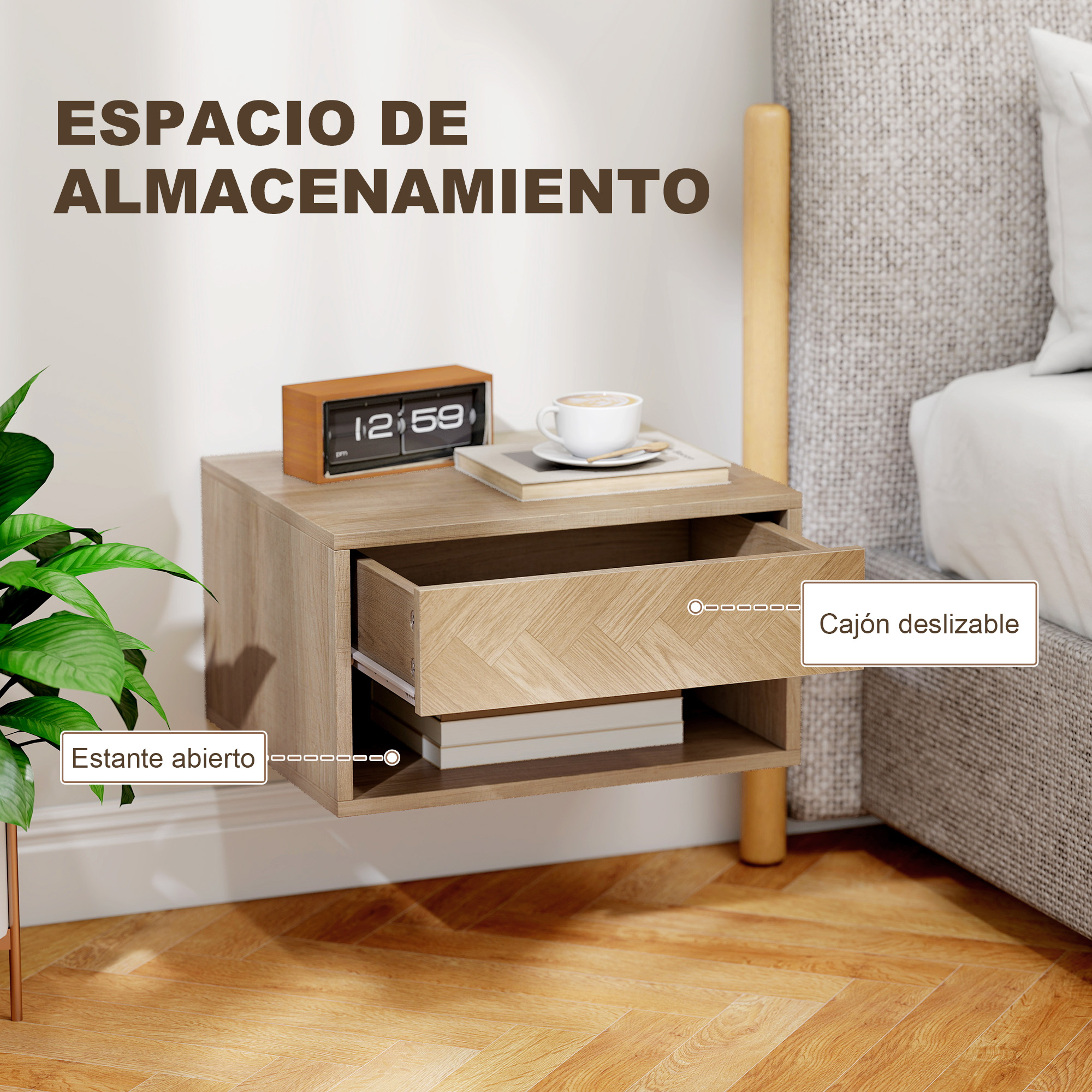 Una mesita de noche de madera con estante abierto y cajón.