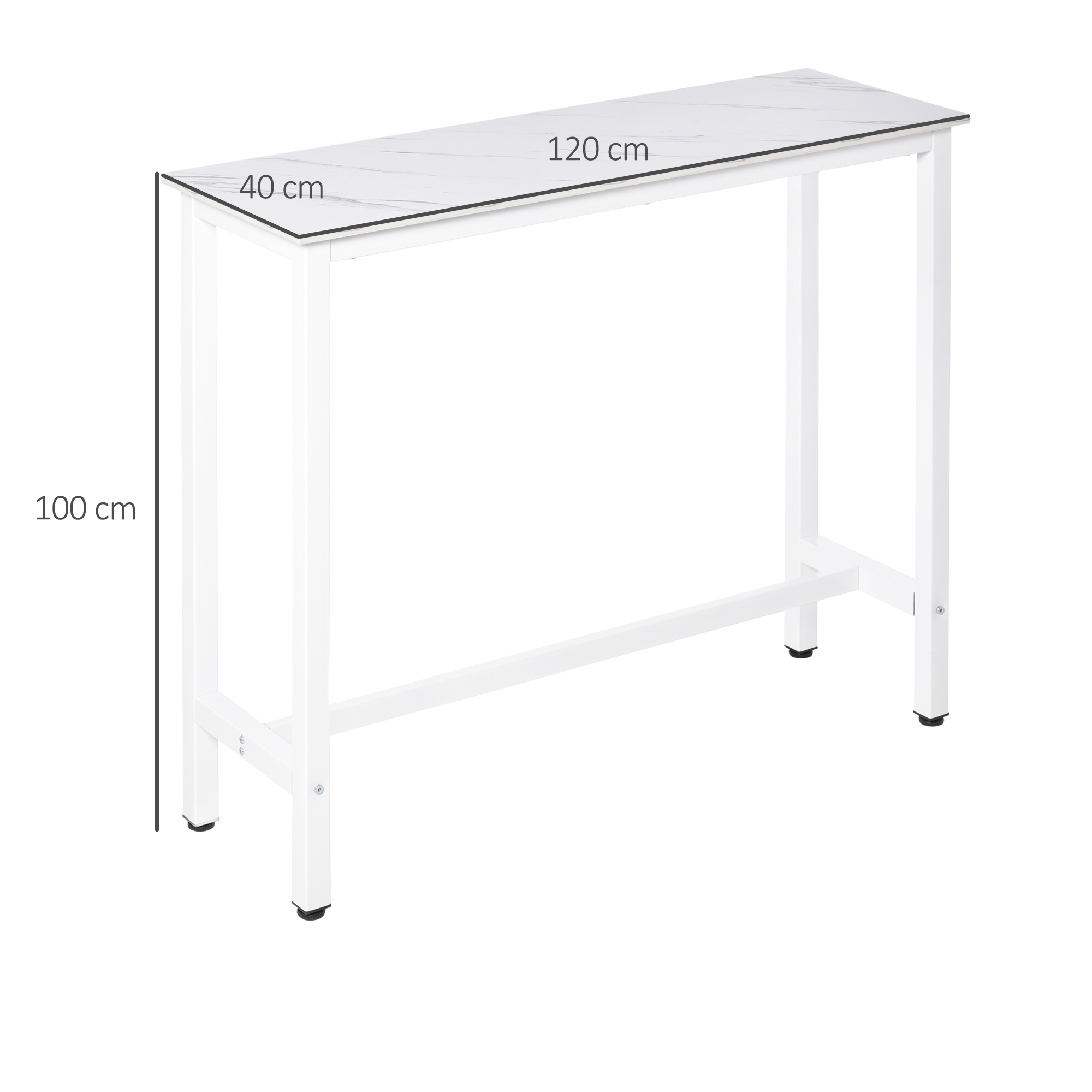 Una mesa de bar blanca con tapa efecto mármol, 120x40x100 cm.