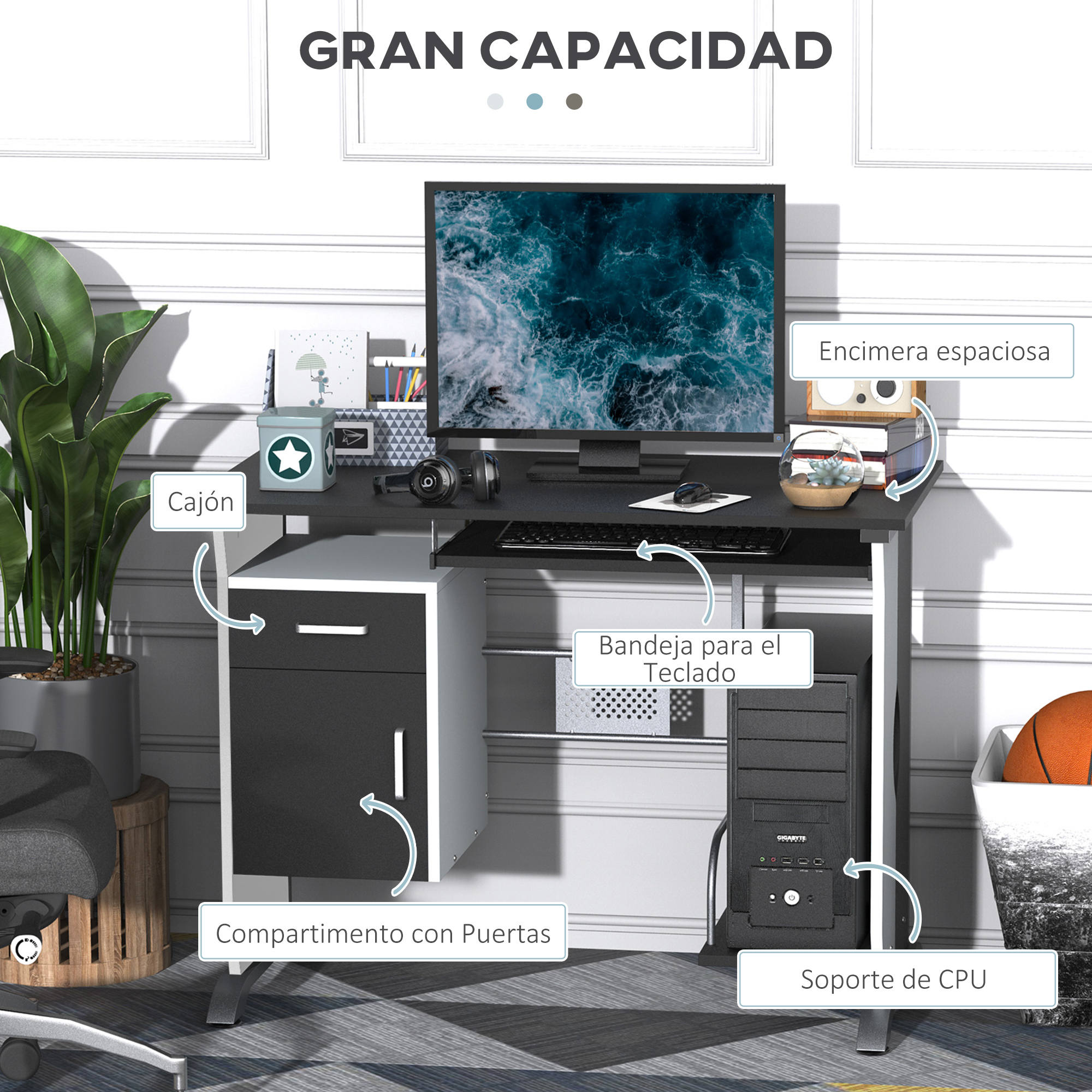 Un escritorio con monitor, teclado, ratón, cajón y soporte de CPU.