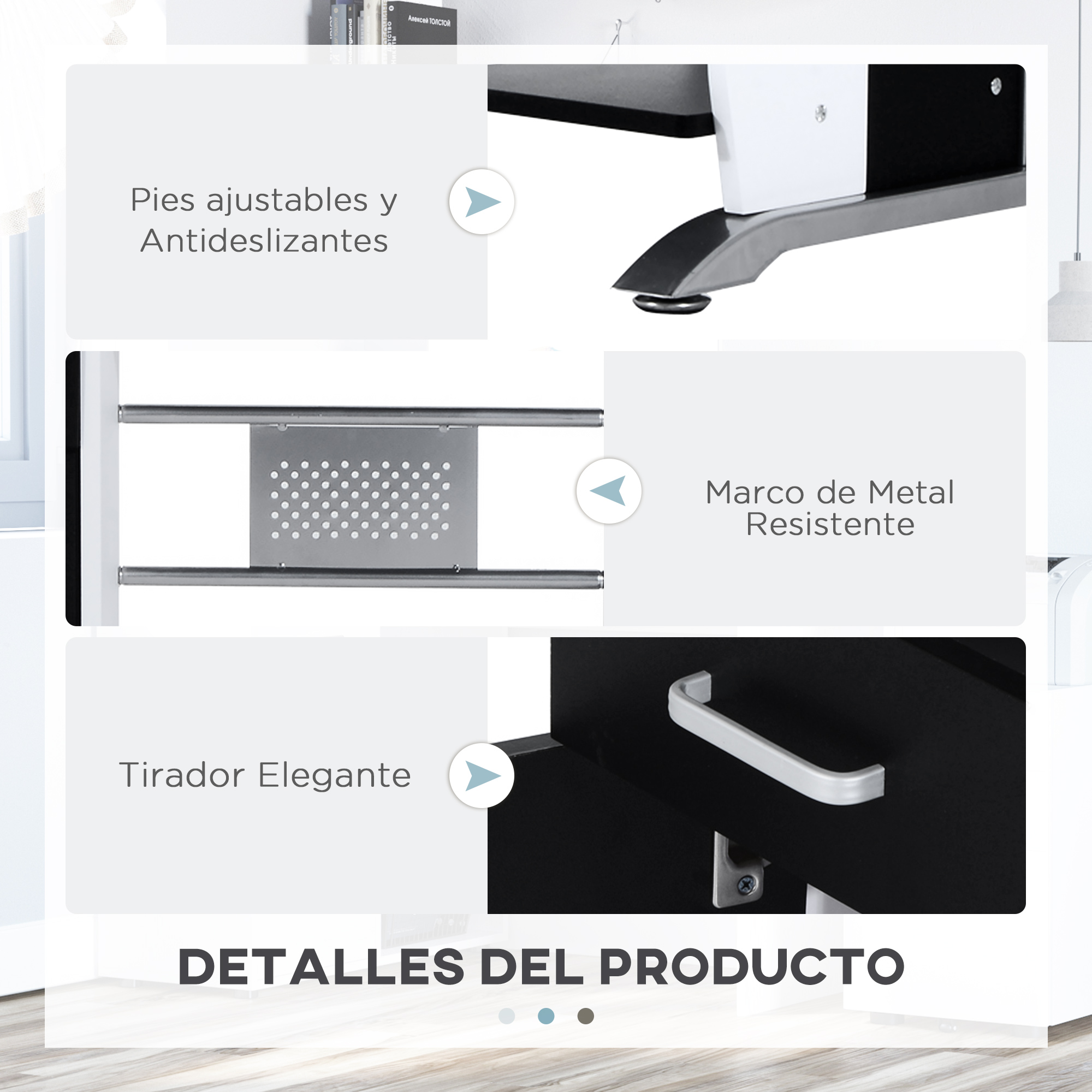 Imagen del producto con pies ajustables, marco metálico y tirador.