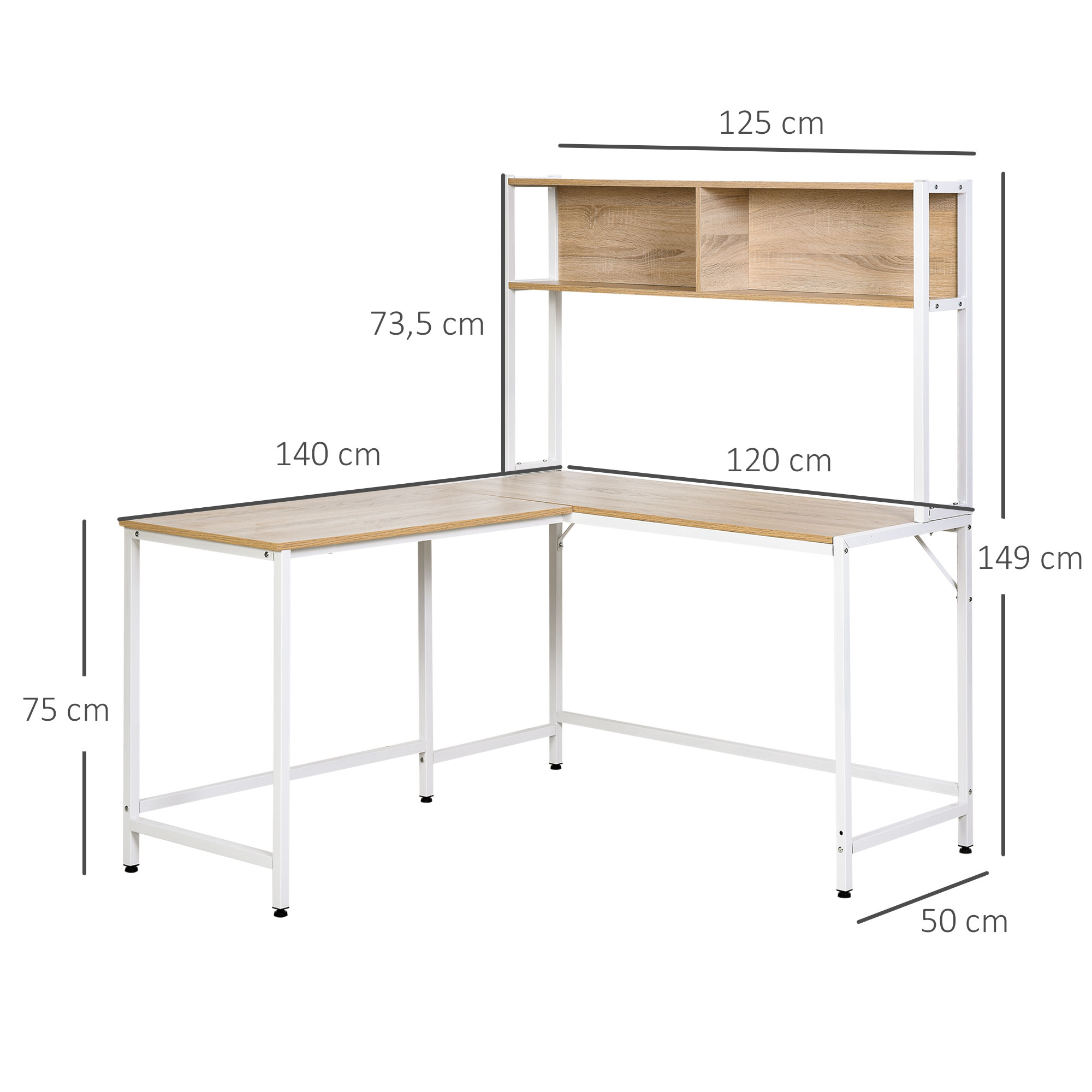 Escritorio en forma de L con marco de metal blanco y tablero de madera. Se indican las dimensiones.