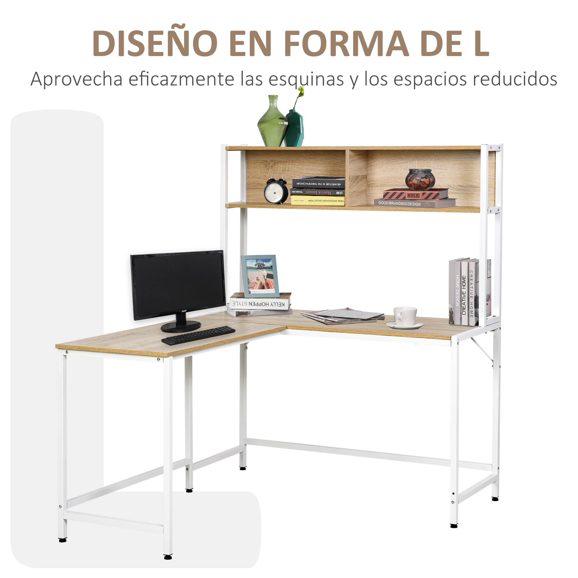 Escritorio en L con monitor, teclado, libros y decoración en estantes.