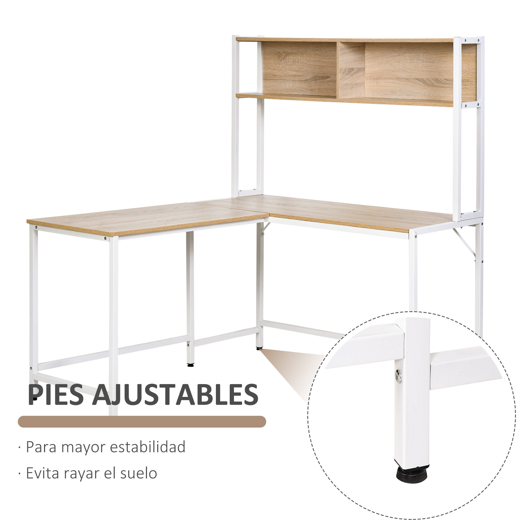 Escritorio en L con tapa de madera y estructura de metal blanco, con estantes.
