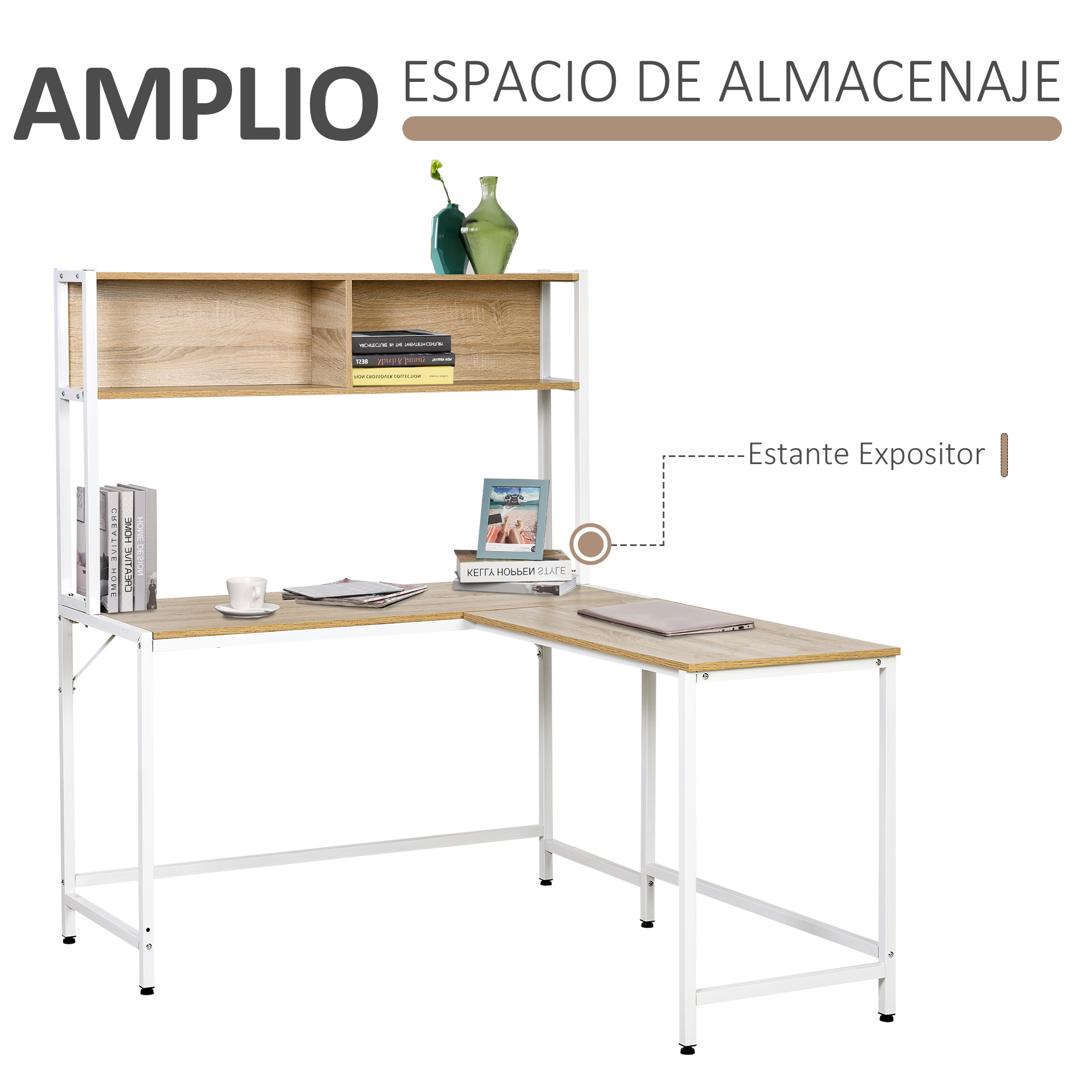 Escritorio en forma de L con estructura de metal blanco y superficie de madera.
