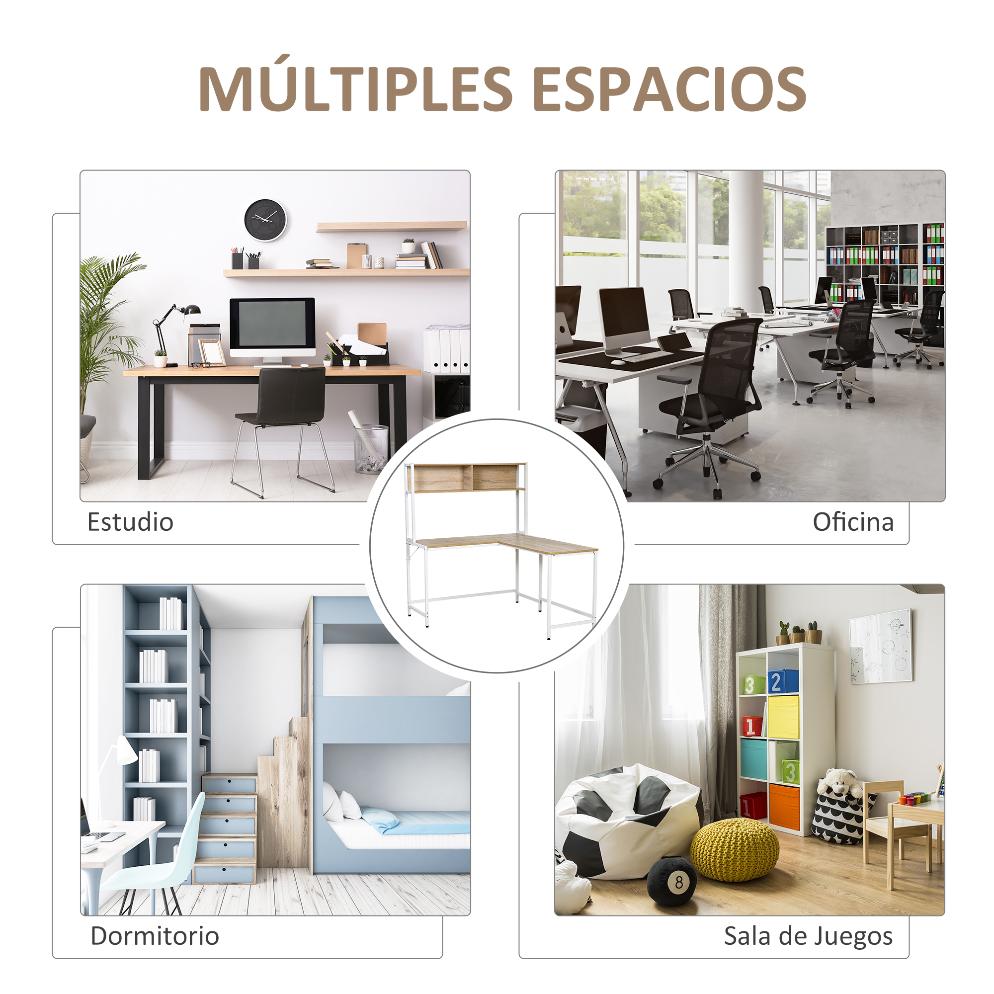 Cuatro habitaciones: estudio, oficina, dormitorio, sala de juegos.