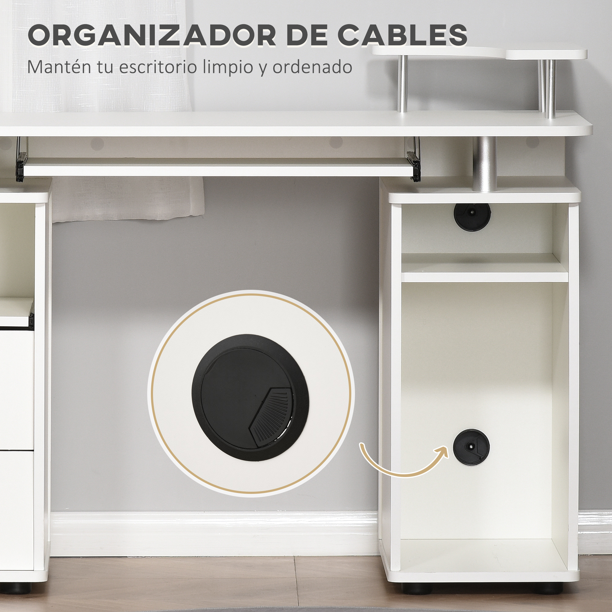 Un escritorio blanco con orificios para cables y compartimentos.