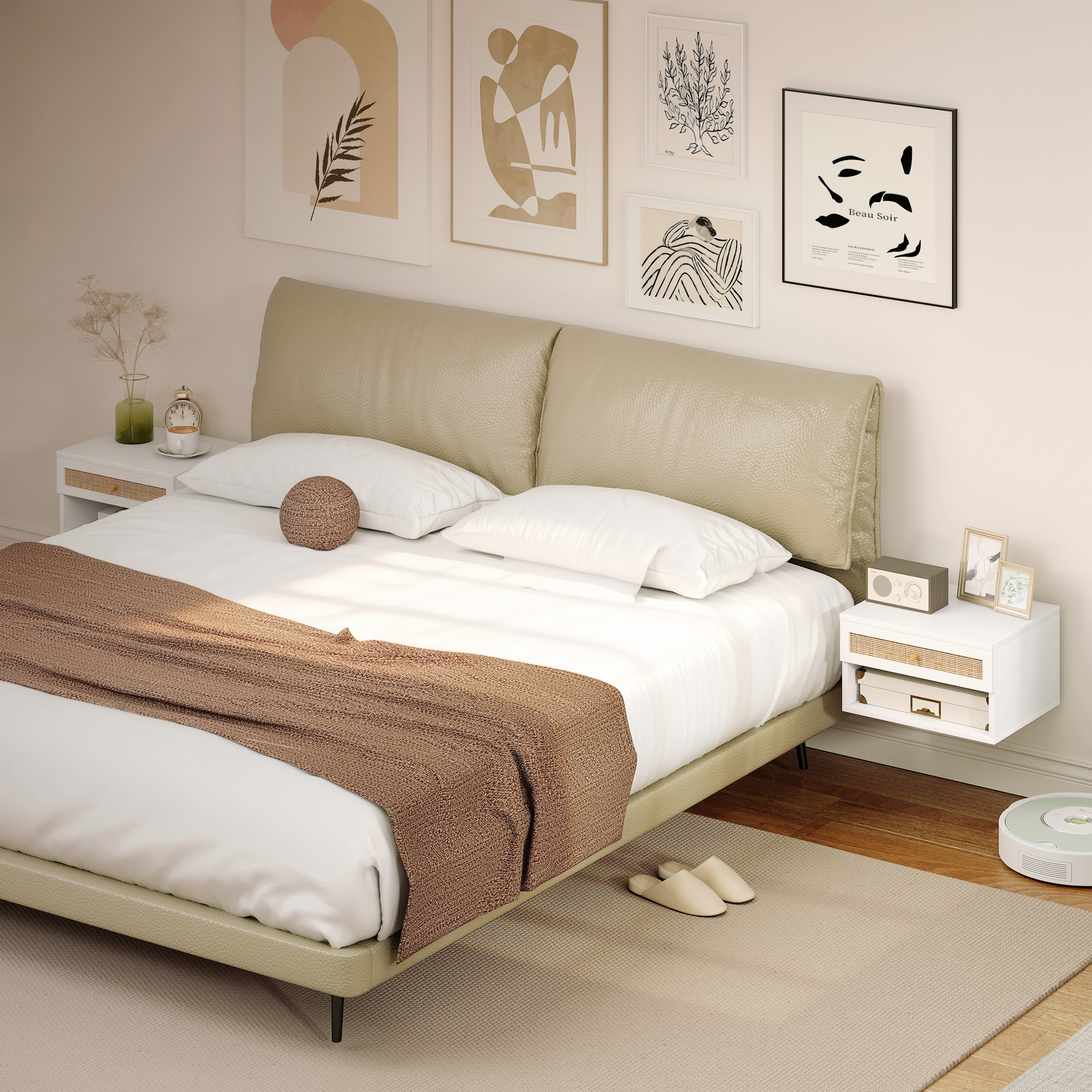 Un dormitorio con cama, mesitas de noche y arte de pared.
