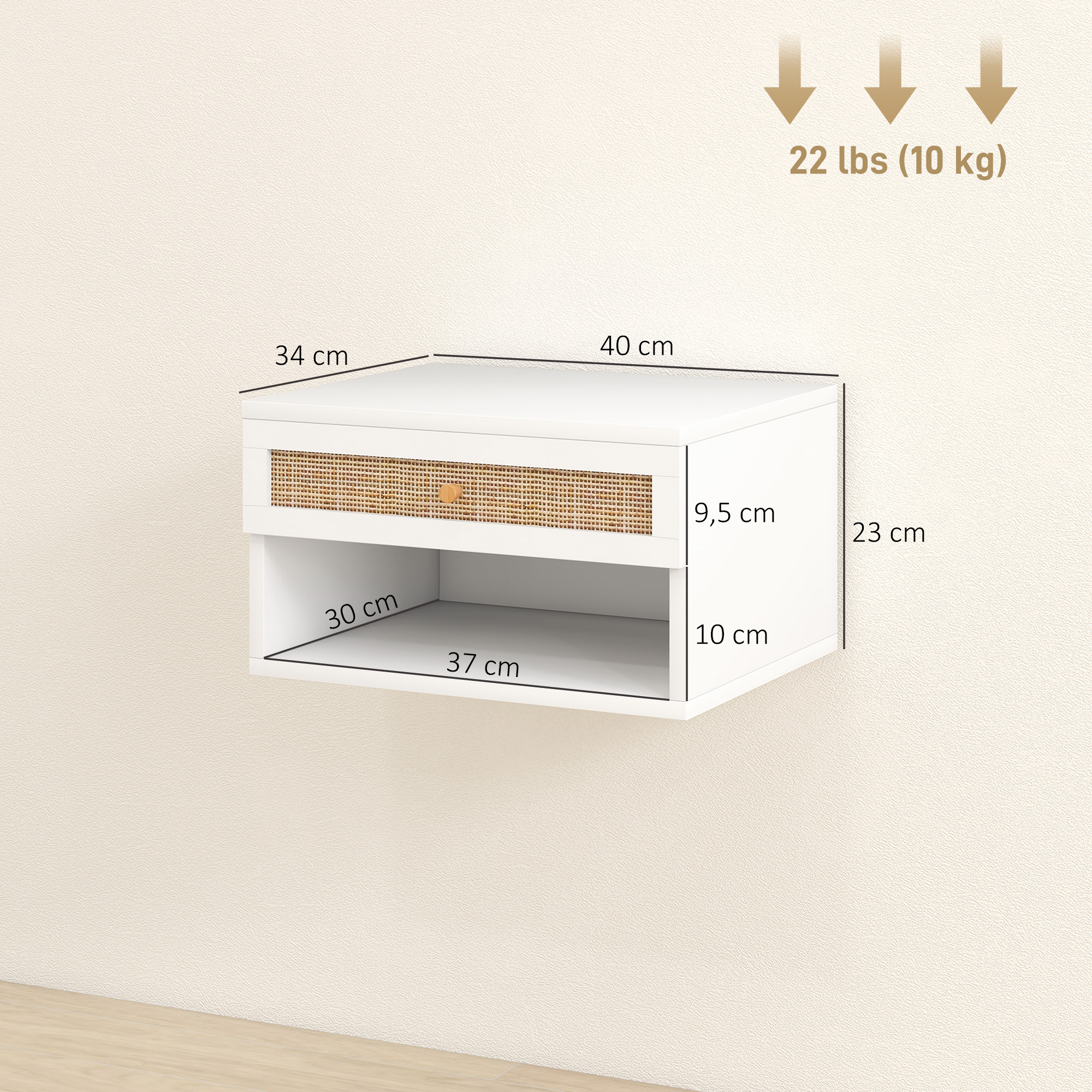 Estante blanco de pared con cajón de ratán y compartimento abierto. Dimensiones.