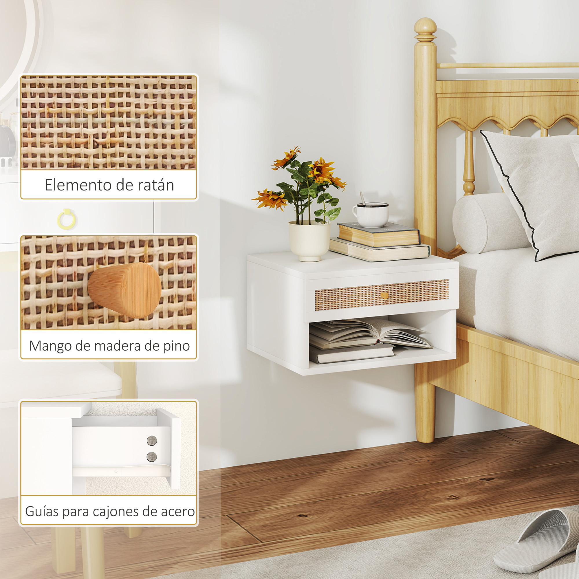 Mesita de noche blanca con detalle de ratán y girasoles. Cama de madera al lado.