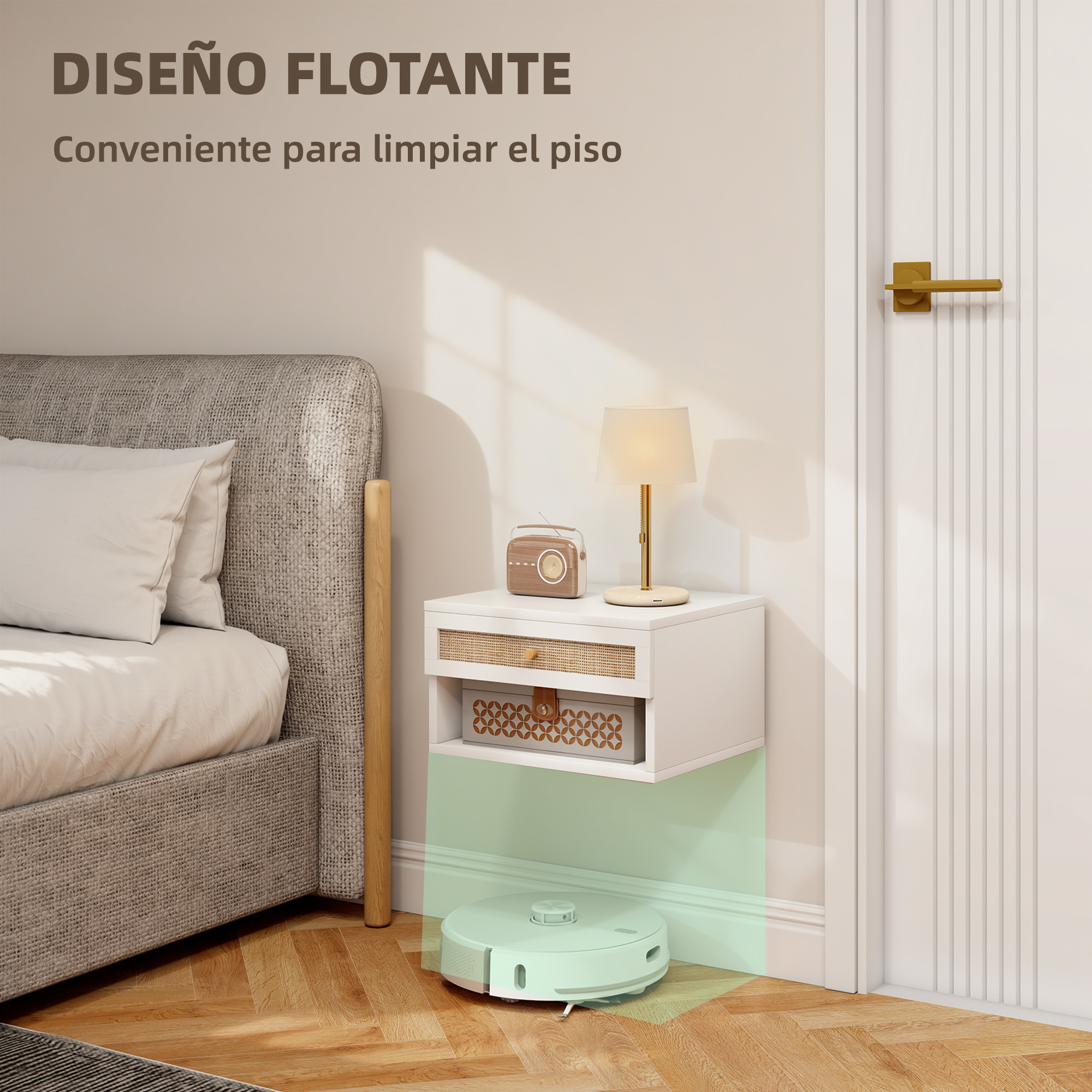 Una mesita de noche flotante blanca sobre un robot aspirador, junto a una cama y puerta.