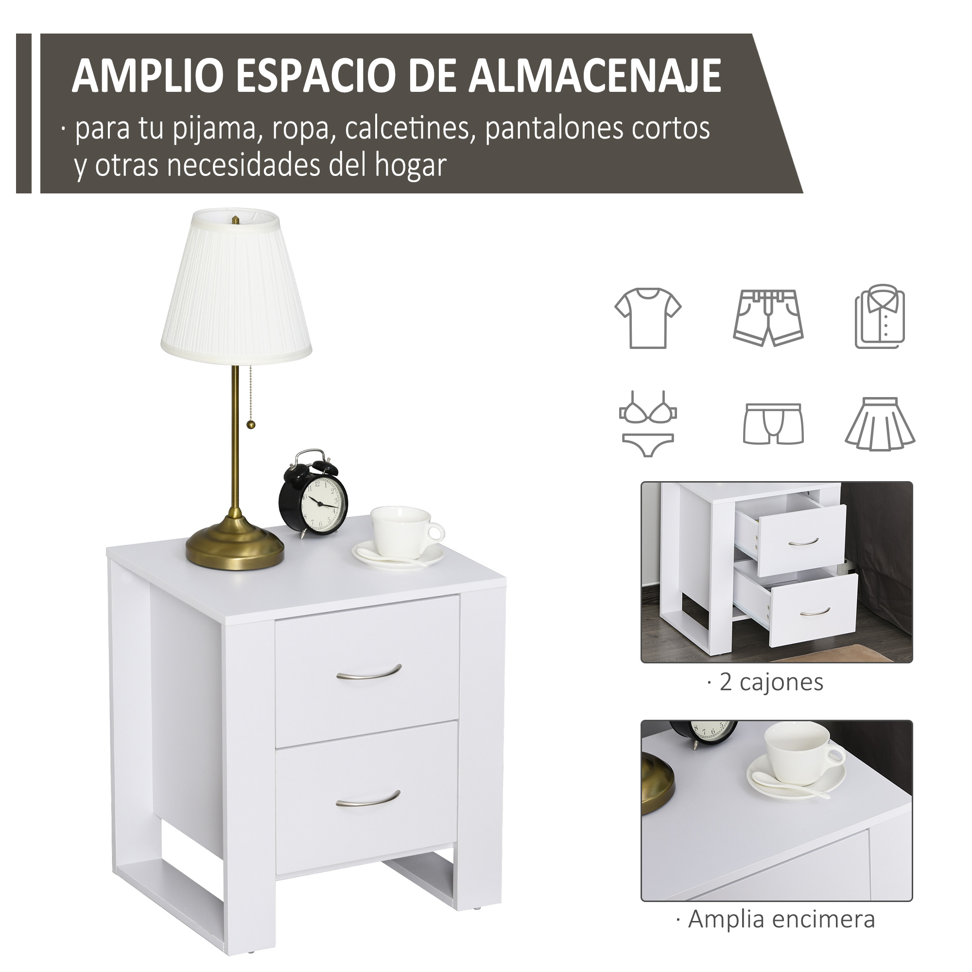 Mesita de noche blanca con lámpara, despertador y taza. Iconos de ropa.