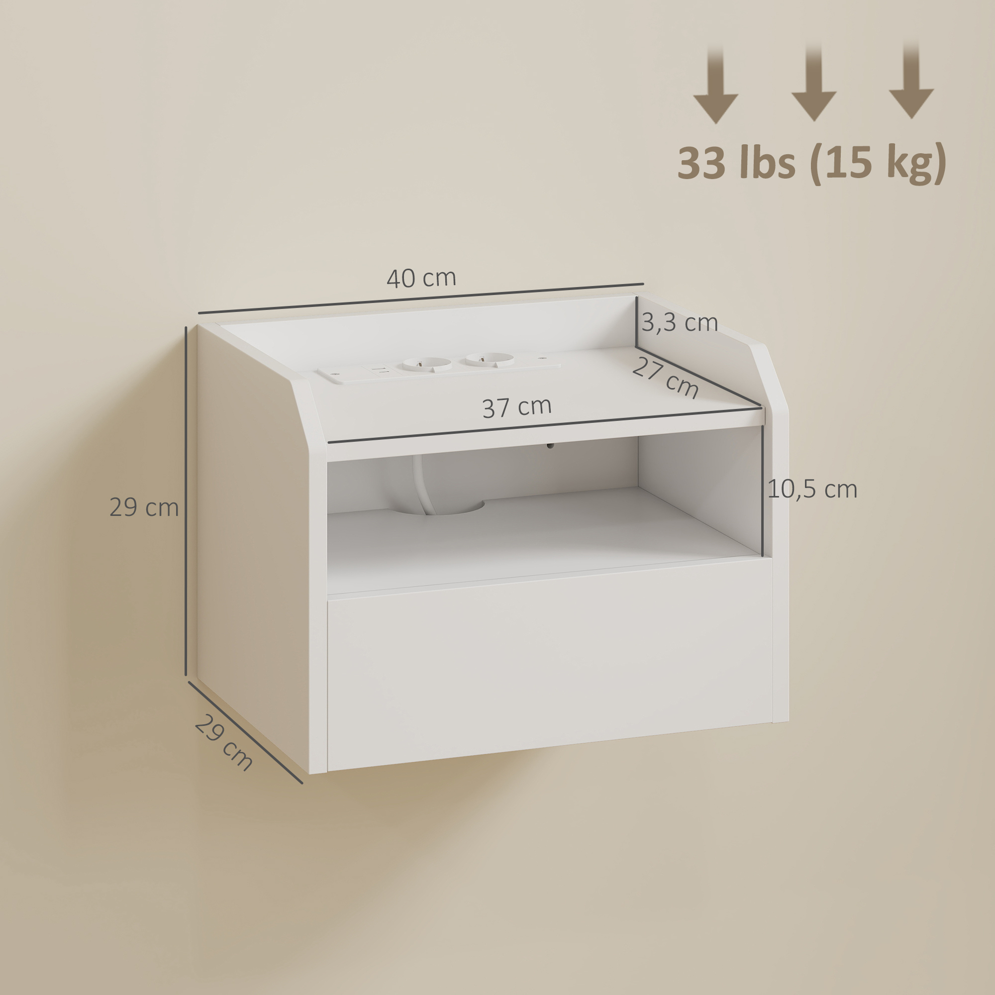 Unidad blanca de pared con cajón y estante, dimensiones indicadas.