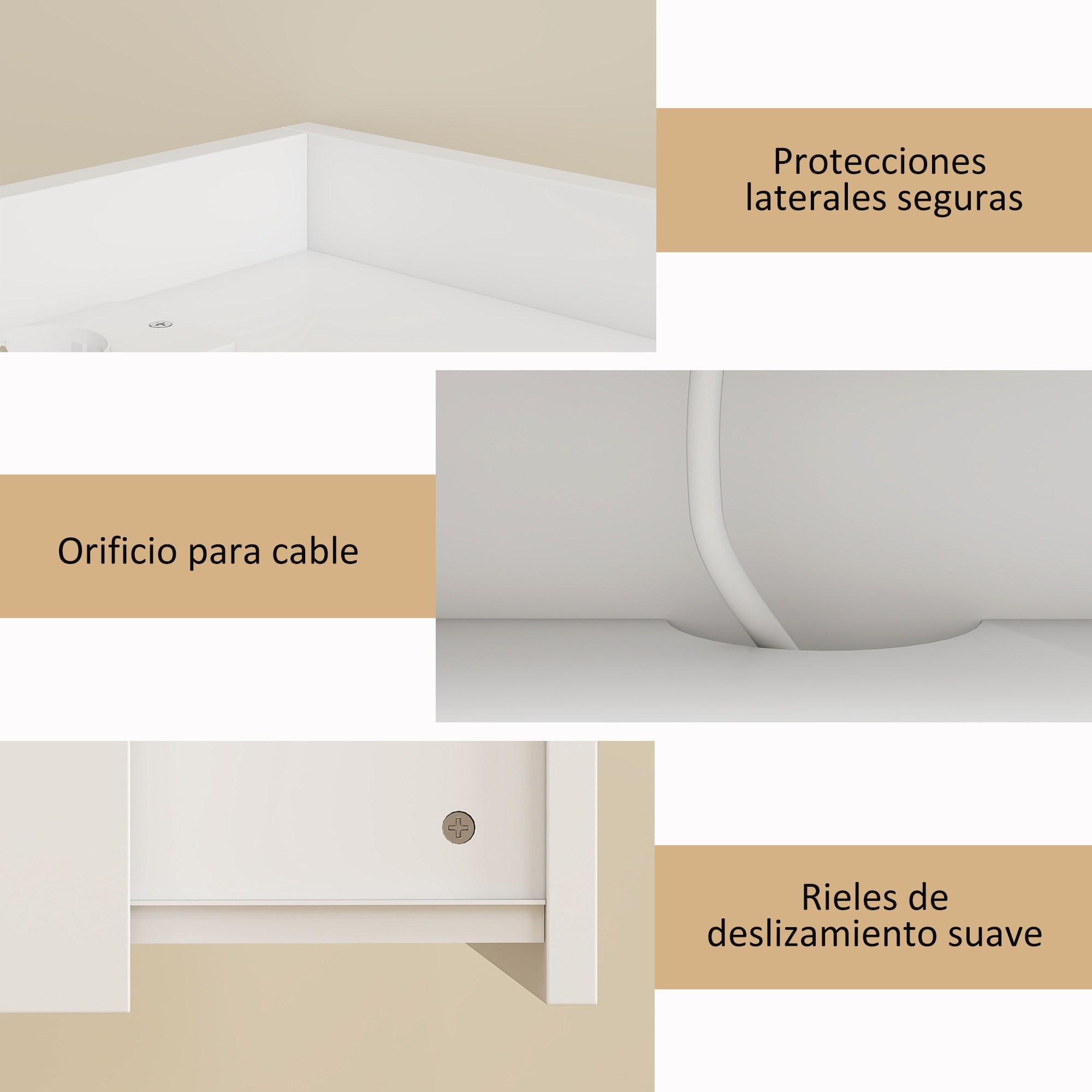 Muebles blancos con cuadros de texto: laterales seguros, orificio para cable, rieles suaves.