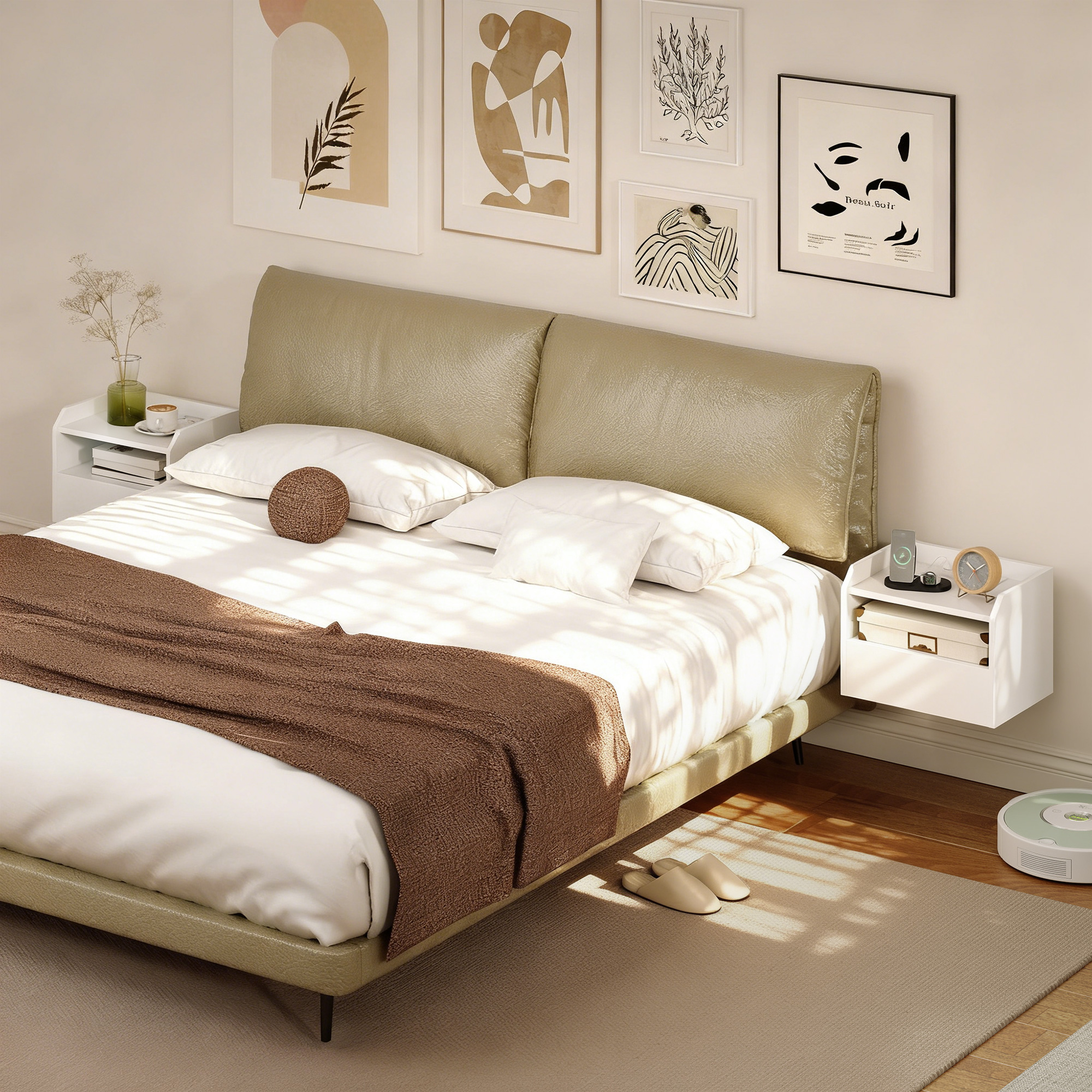 Un dormitorio moderno con cama, mesitas de noche y arte en la pared.