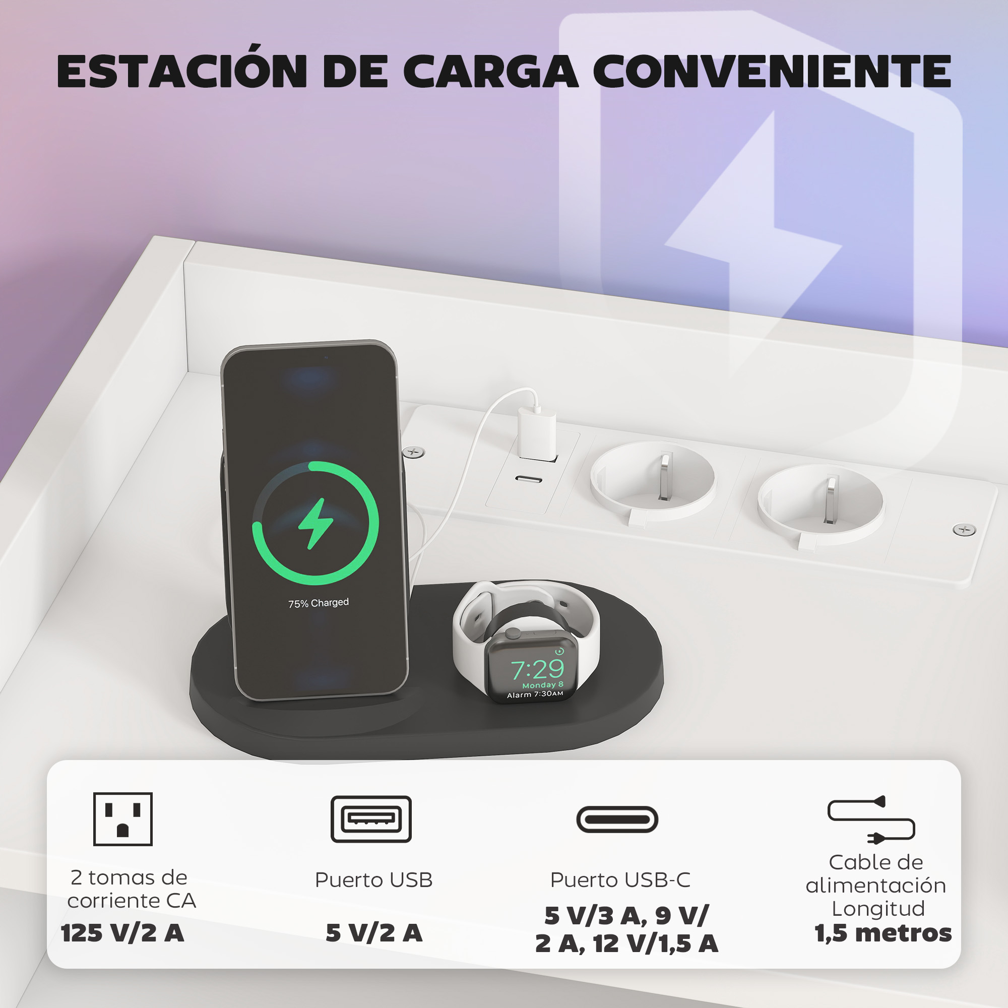 Estación de carga con teléfono, Apple Watch, 2x AC, USB, puertos USB-C.