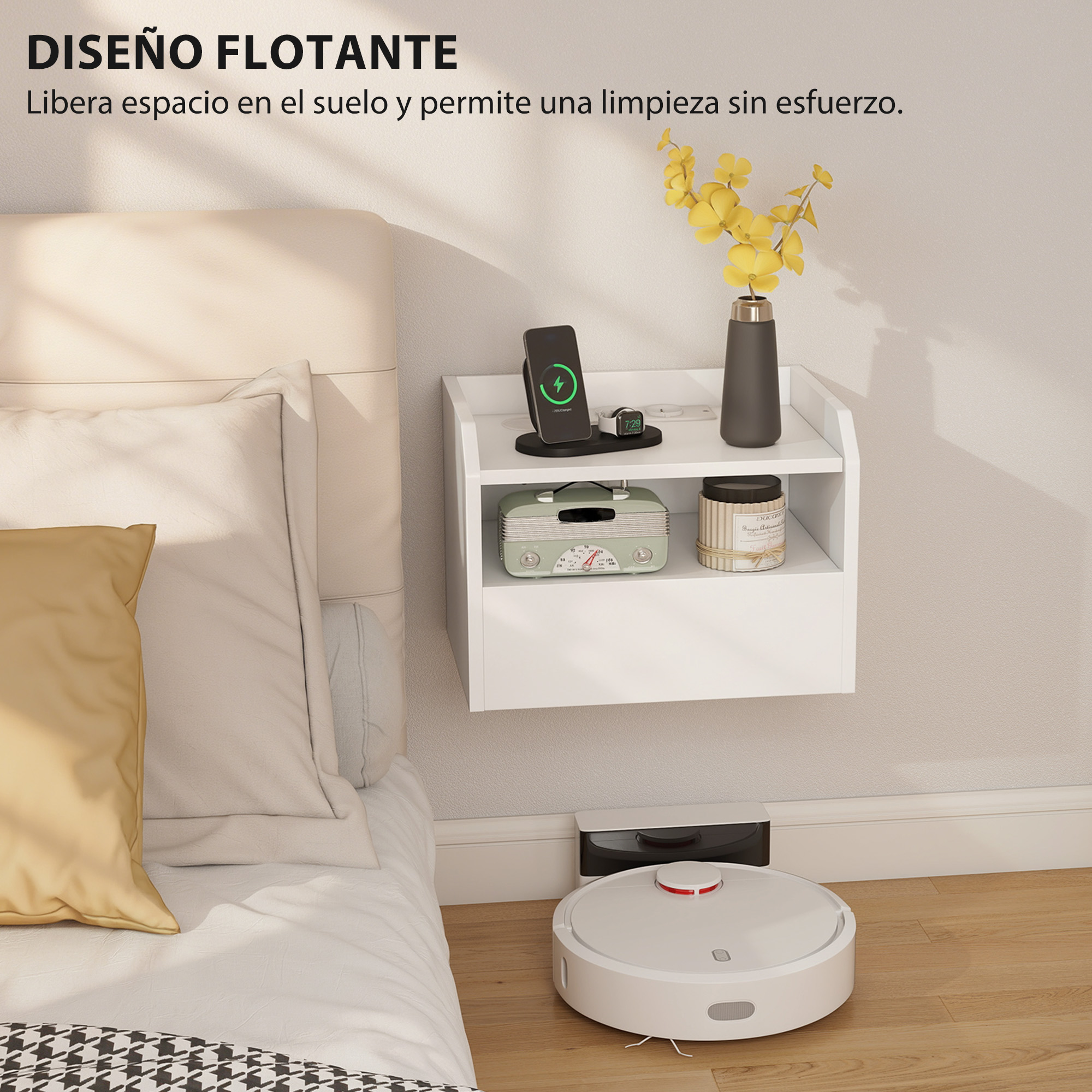 Una mesita de noche blanca flotante con teléfono, reloj y jarrón con flores.