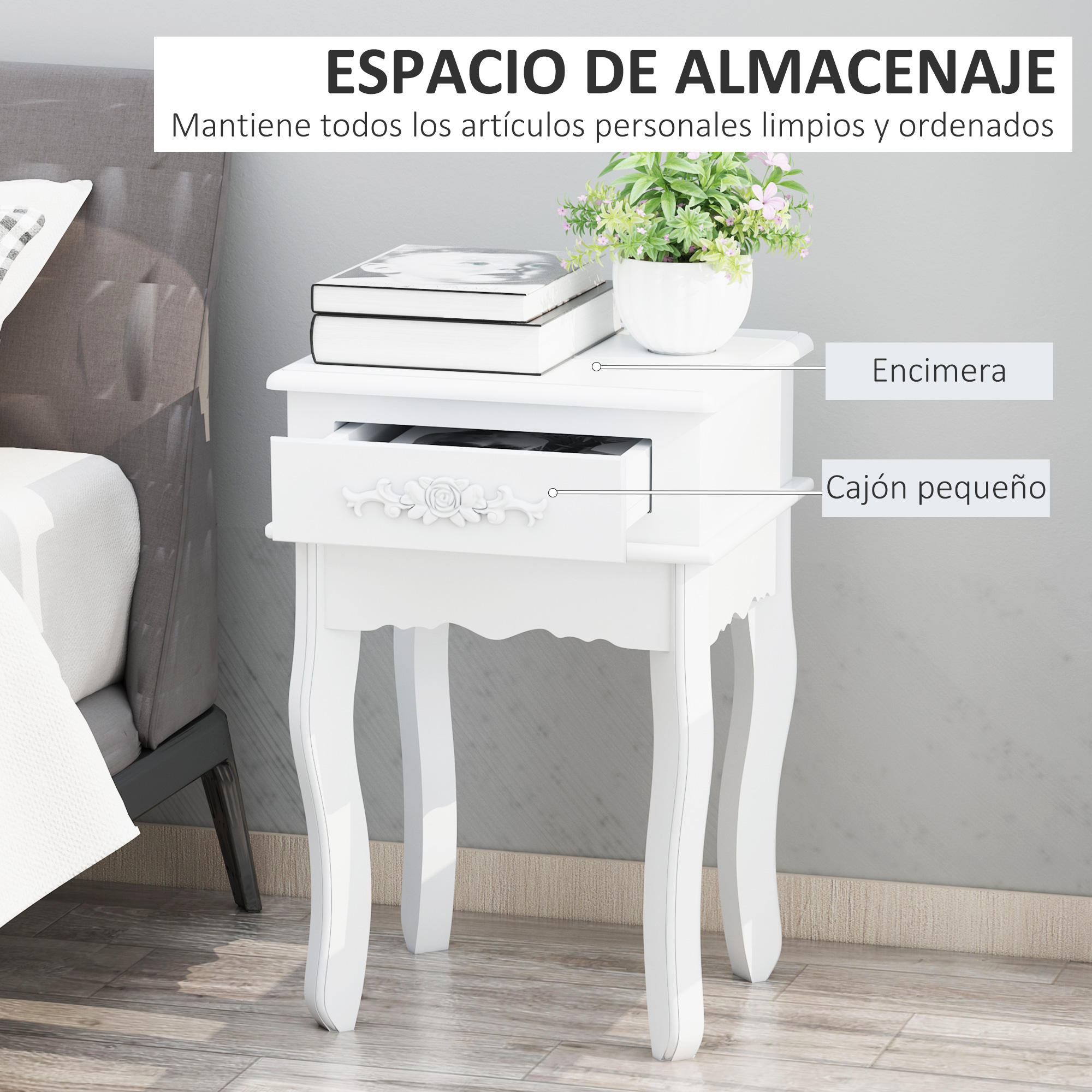 Una mesita de noche blanca con cajón, libros y planta.