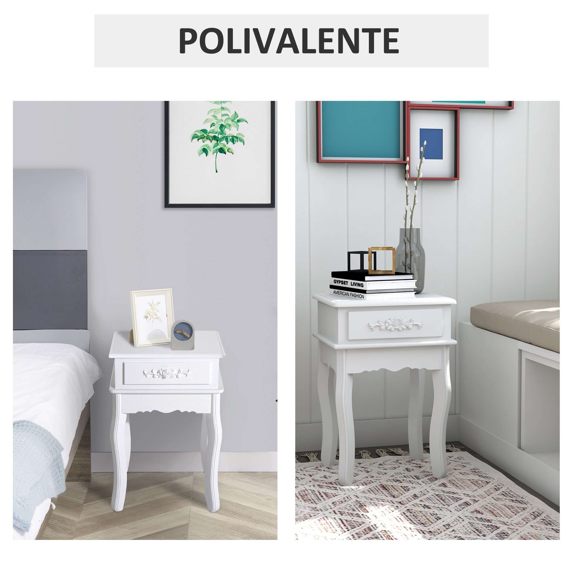 Dos mesitas de noche blancas con cajones y detalles decorativos.
