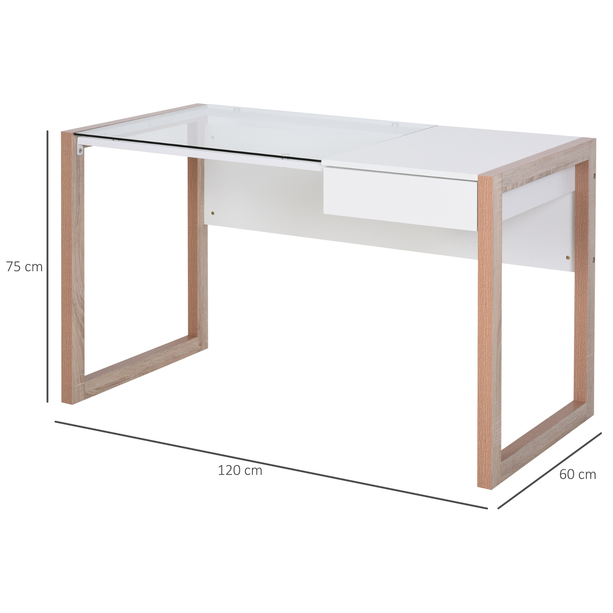 Un escritorio con tapa de cristal, cajón blanco y marco de madera.