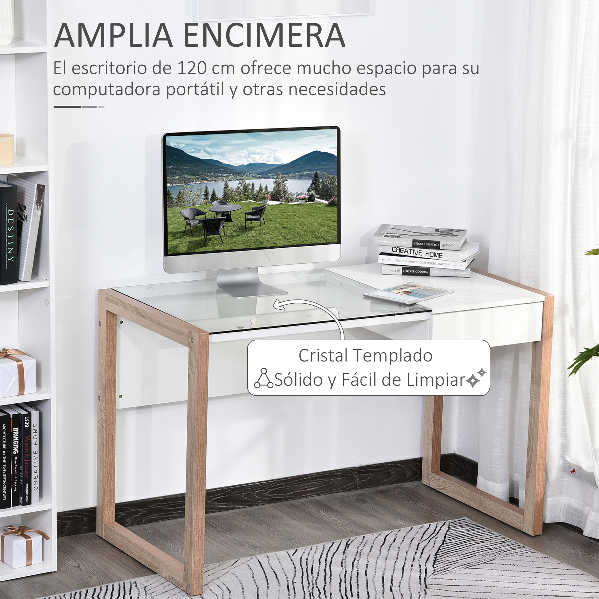 Escritorio moderno con tapa de cristal, portátil y libros.