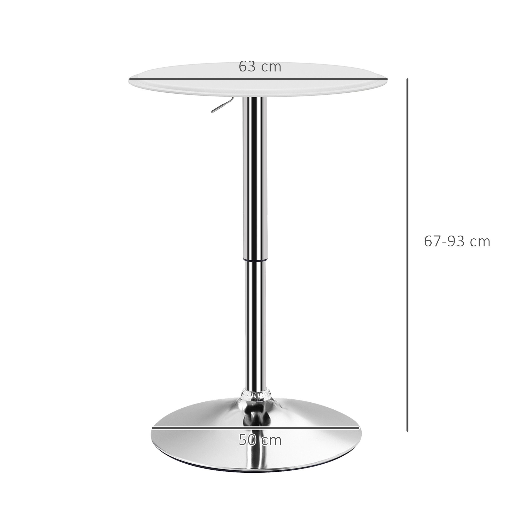 Mesa de bar moderna ajustable con tapa redonda blanca y base cromada.