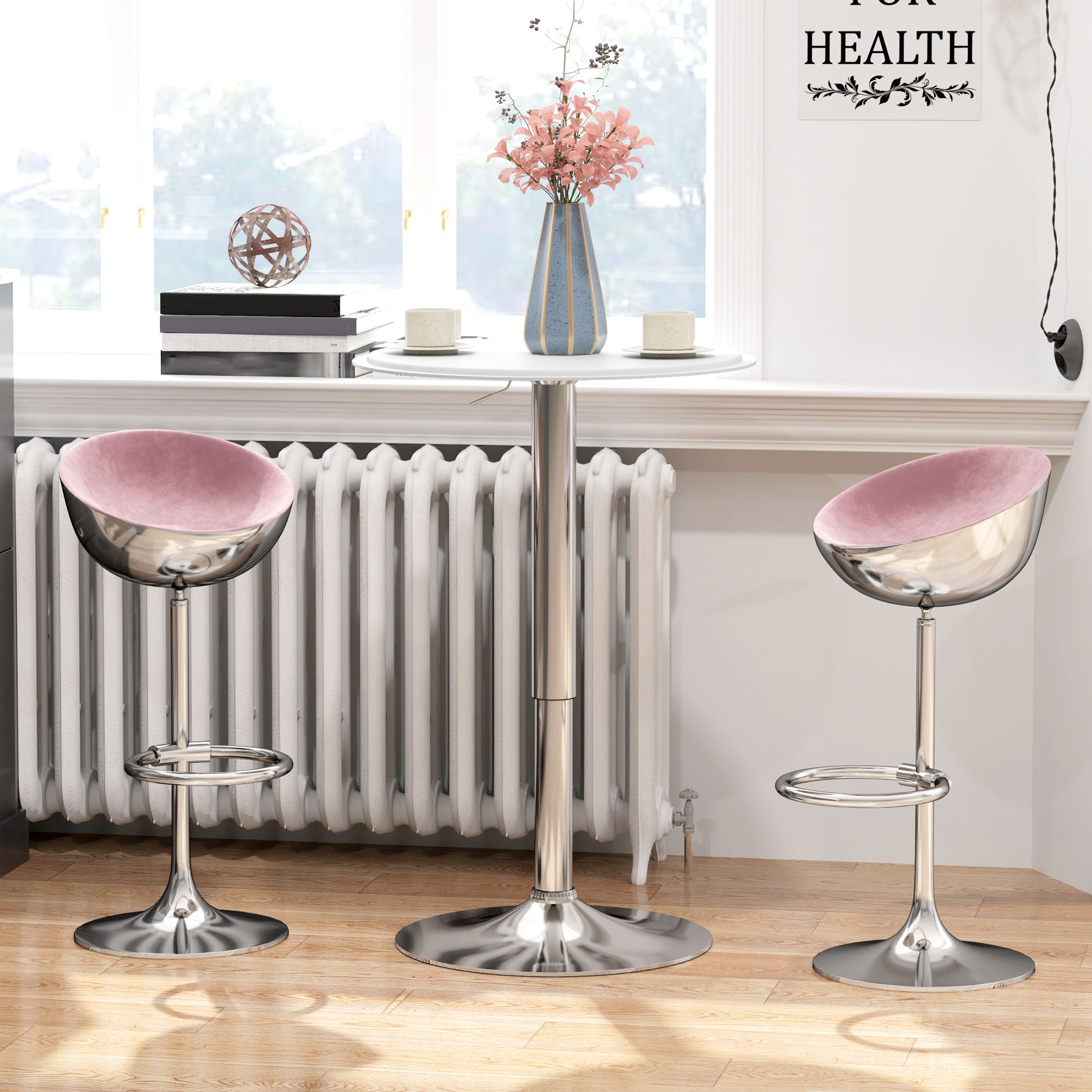 Dos taburetes de bar rosas con base cromada junto a una mesa redonda cerca de un radiador.