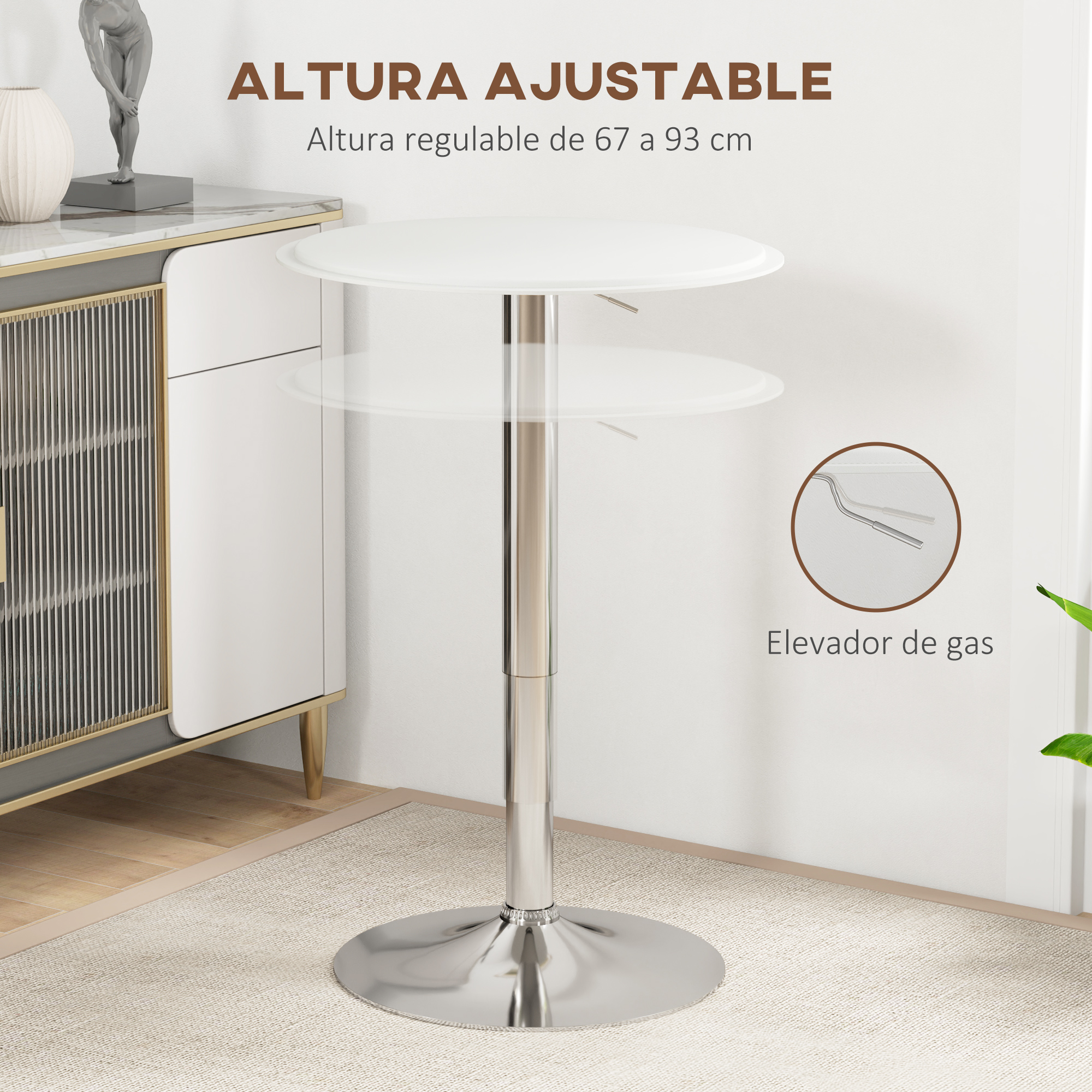 Una mesa redonda blanca de altura regulable sobre una alfombra.