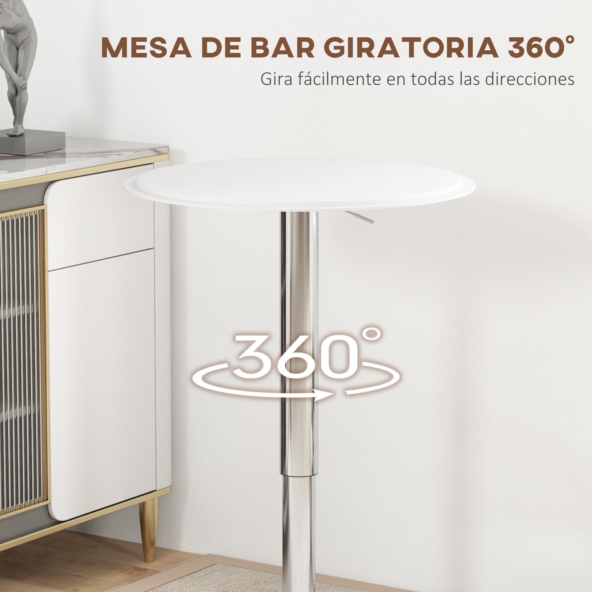 Tablero giratorio blanco de 360 grados sobre un soporte cromado junto a un armario.